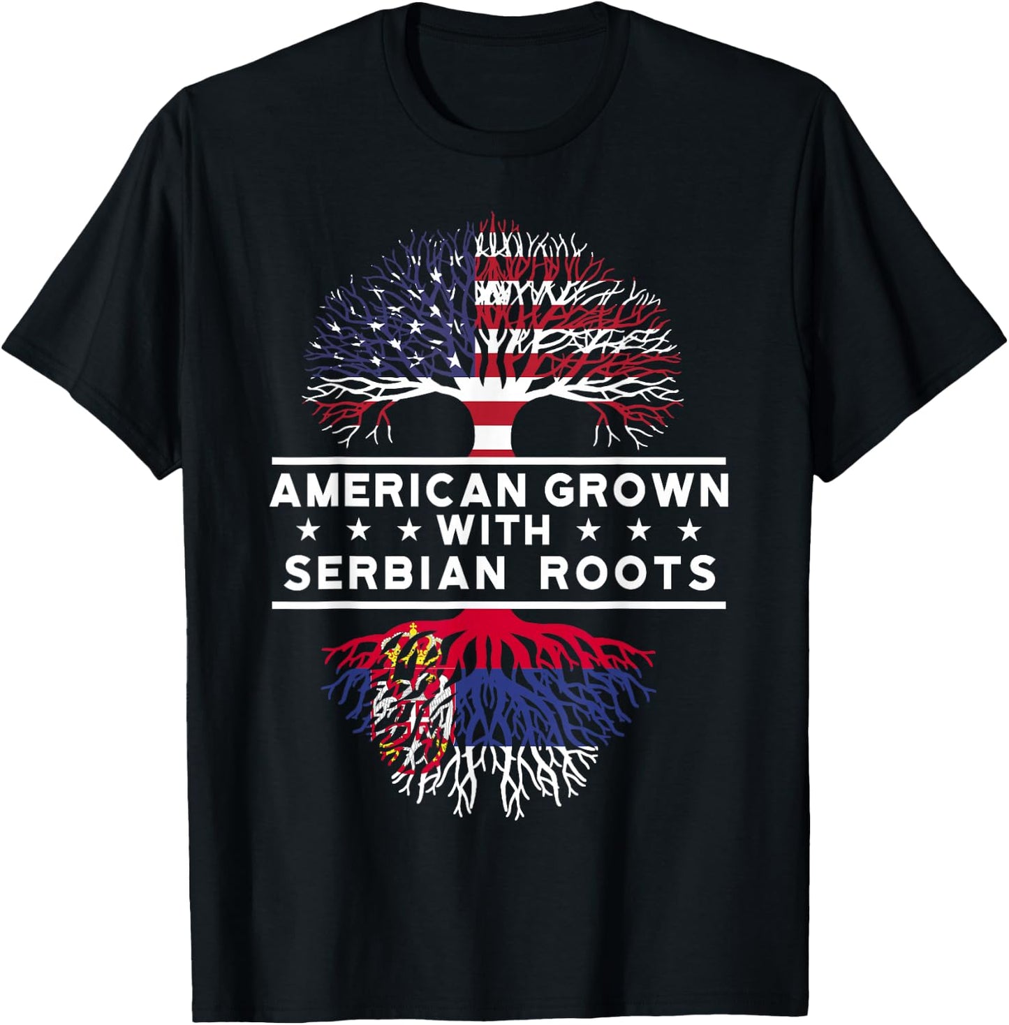 National Flags & Roots Proud Heritage Gifts American Grown with Serbian Roots - Serbia - -Adults - Black - Small - Short Sleeve - - Modern Casual - Flag - Vacation T-Shirt - T-Shirt | Black