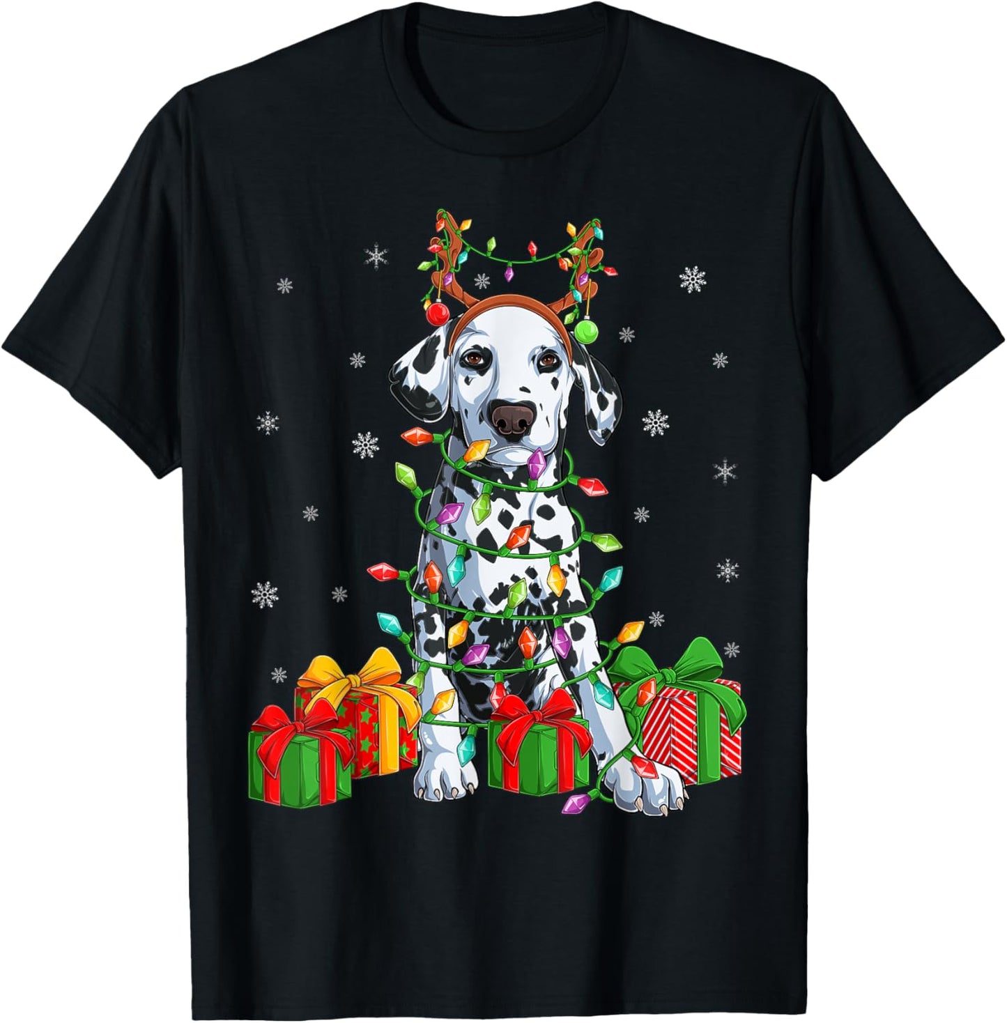 Dalmatian Dog Xmas Lighting Reindeer Hat Dalmatian Christmas Women Kids T-Shirt - T-Shirt | Black