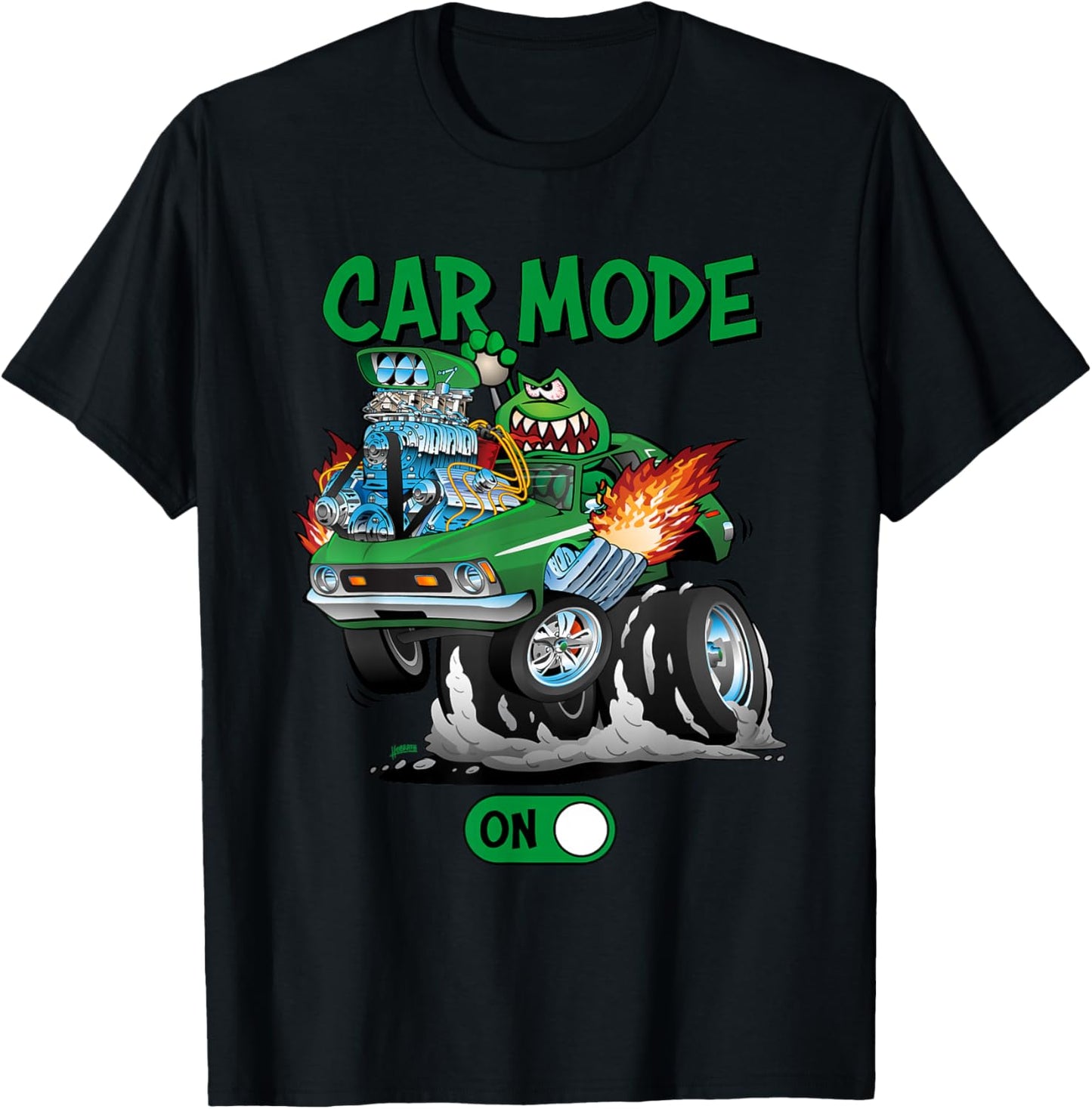Car Mode On Funny Seventies Classic Car Dragster Cartoon T-Shirt - T-Shirt | Black