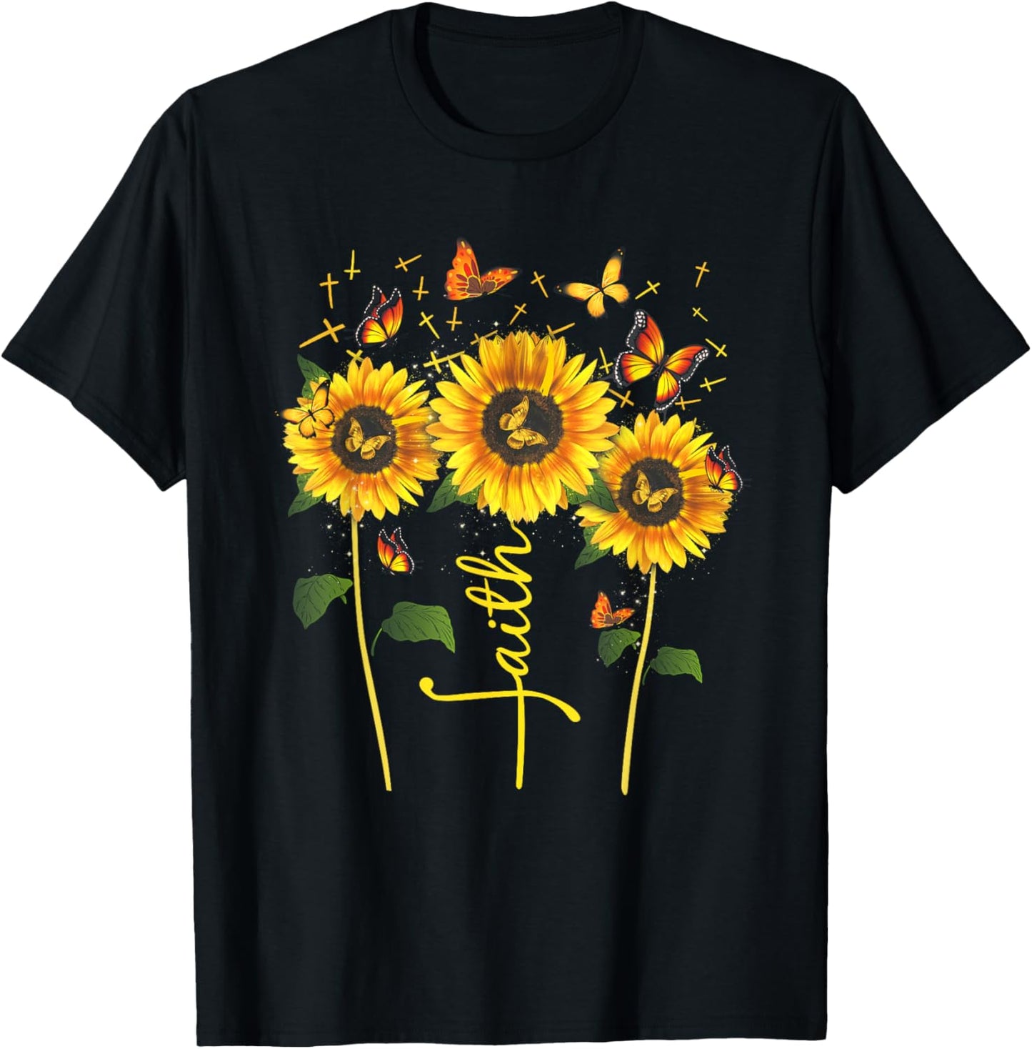 Vintage Faith Cross Sunflower Butterflies Flowers Christians T-Shirt - T-Shirt | Black