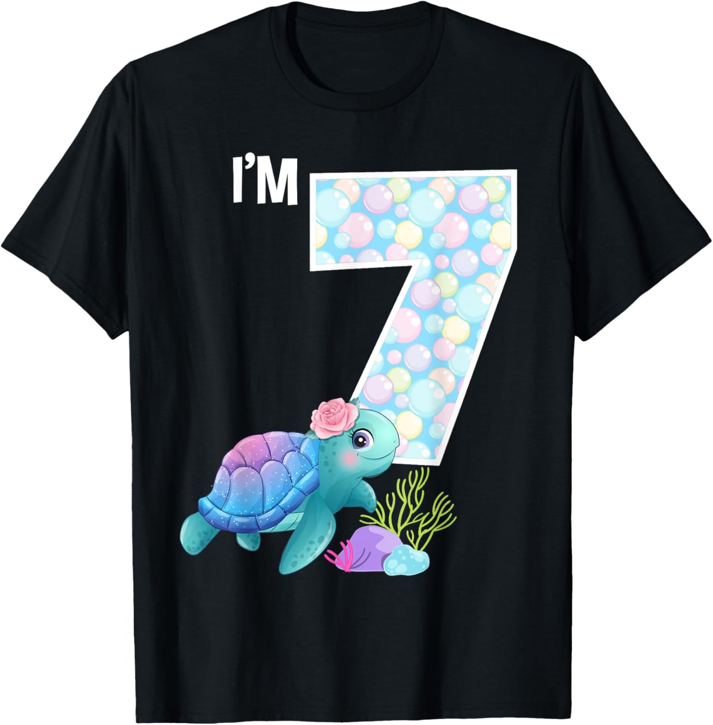 Sea Turtle Birthday I'm 7 Ocean Aquarium Theme 7th Birthday T-Shirt - T-Shirt | Black