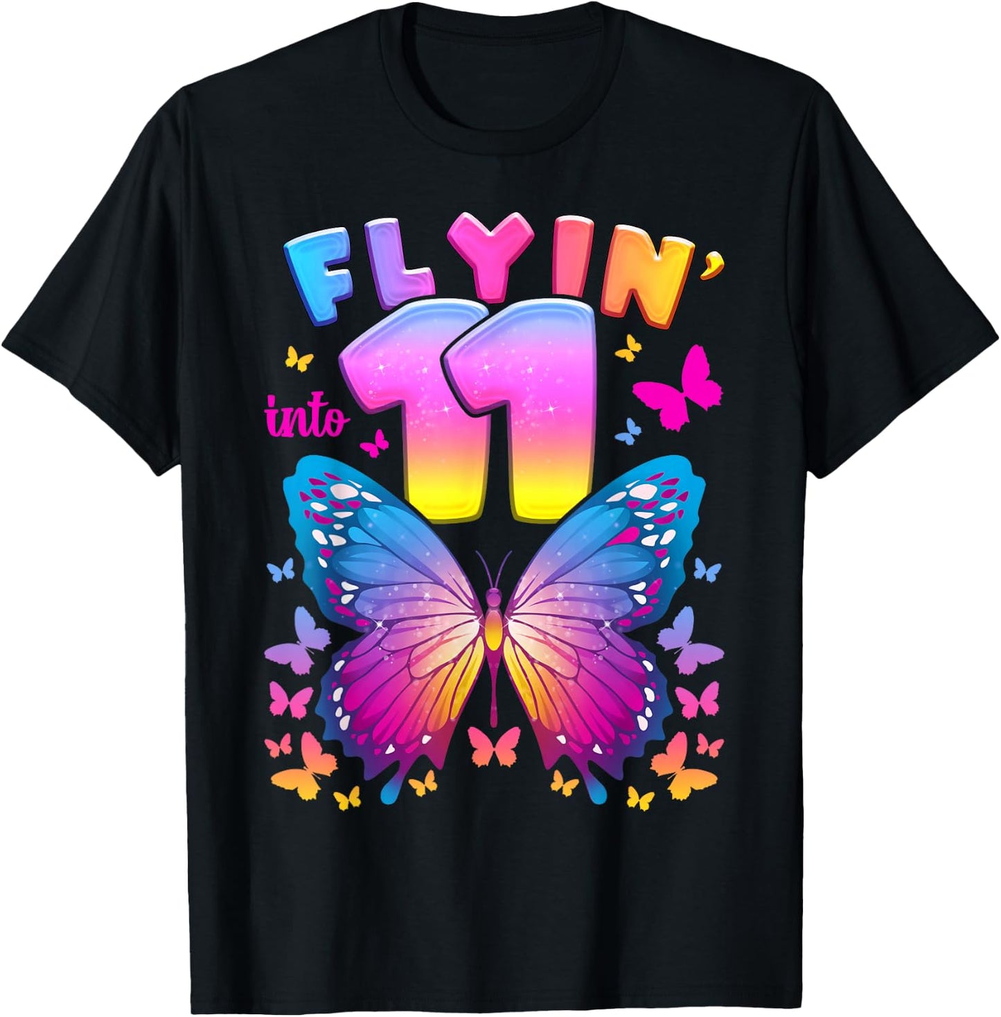 11th Birthday Girl Age 11 Butterfly Number 11 T-Shirt - T-Shirt | Black