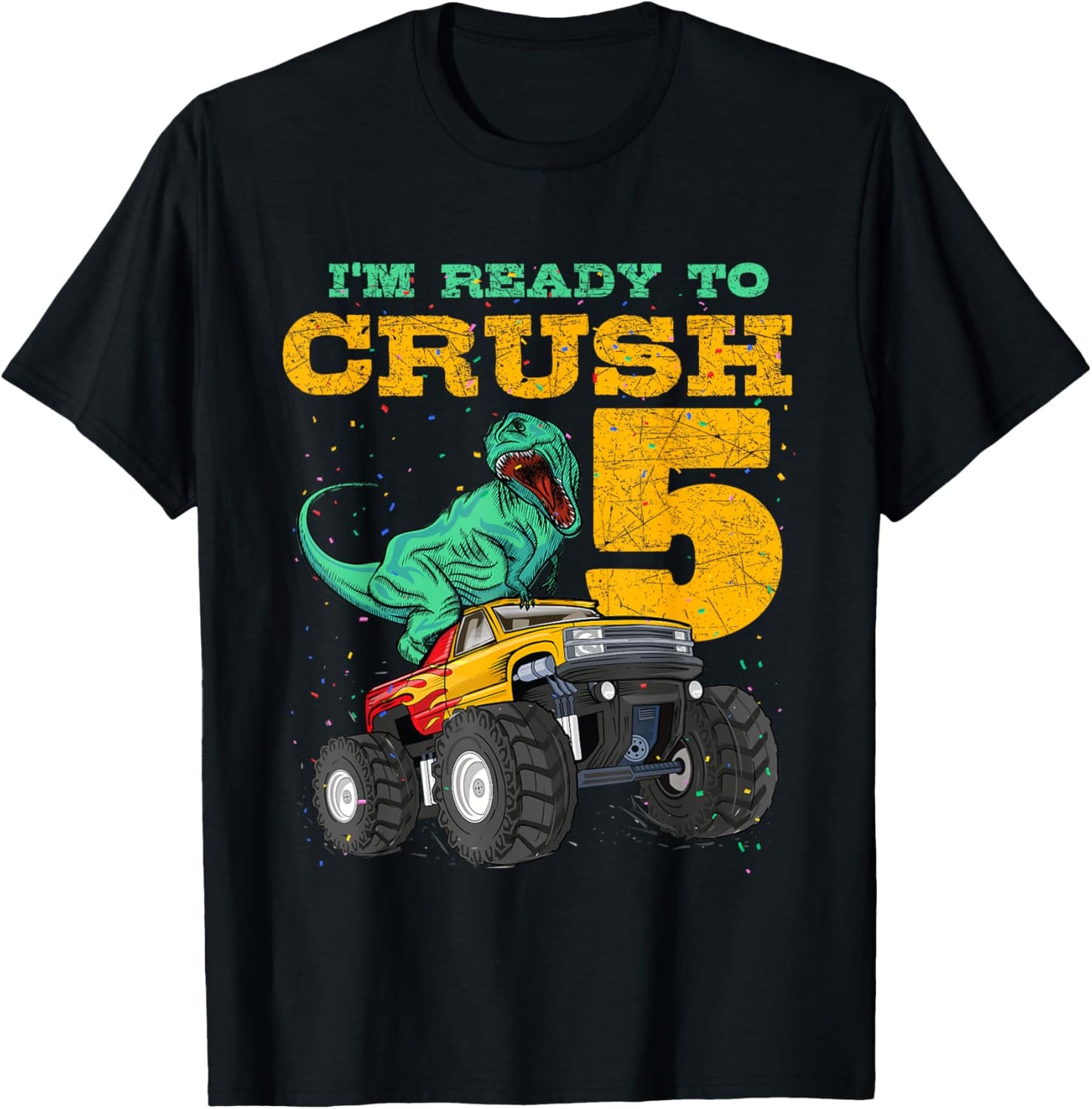 5th Birthday Monster Truck Dino 5 Years Old Bday T-Shirt - T-Shirt | Black
