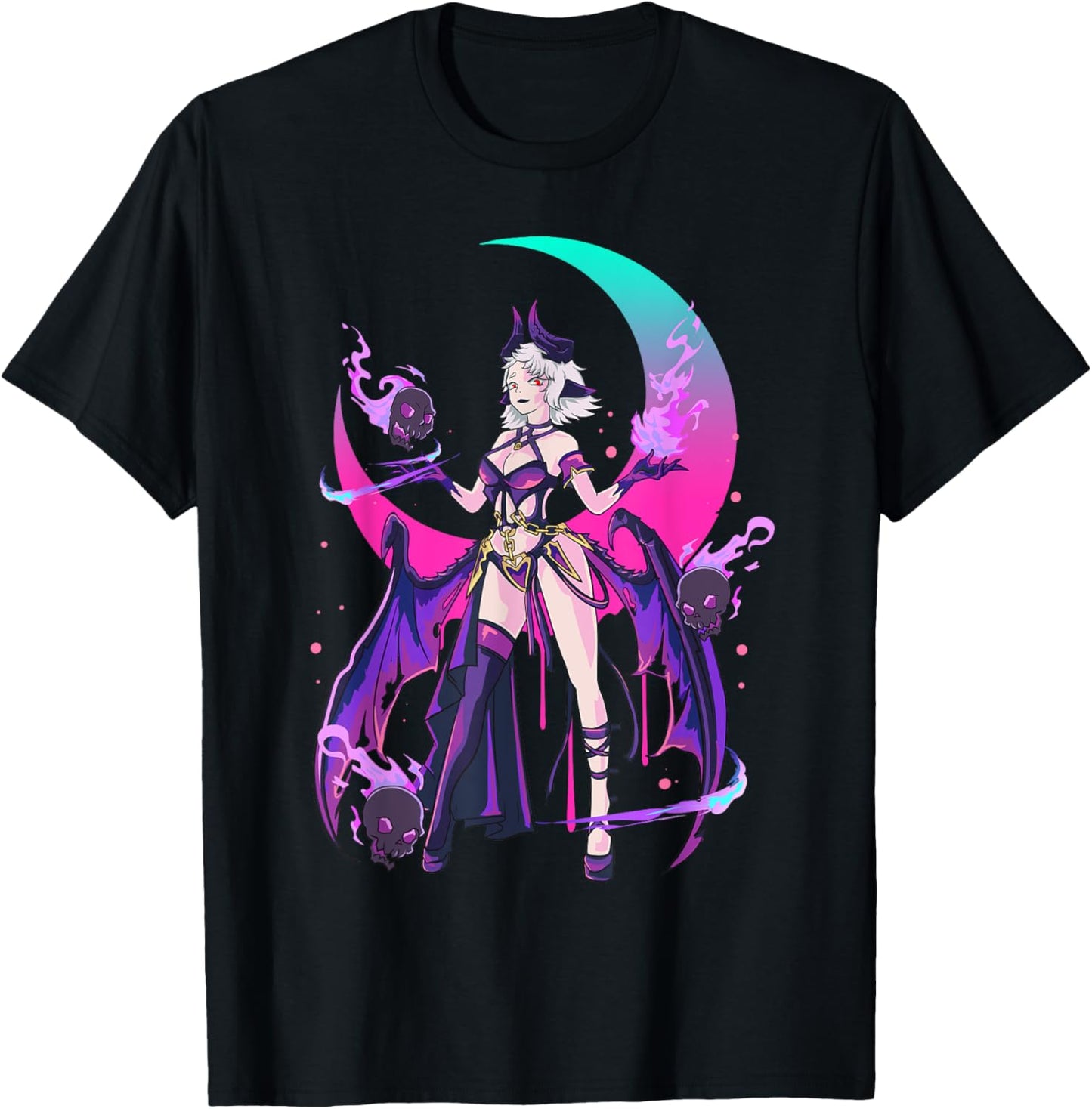 Sexy Anime Devil Witchy Skull Moon Fire Japanese Otaku Magic T-Shirt - T-Shirt | Black