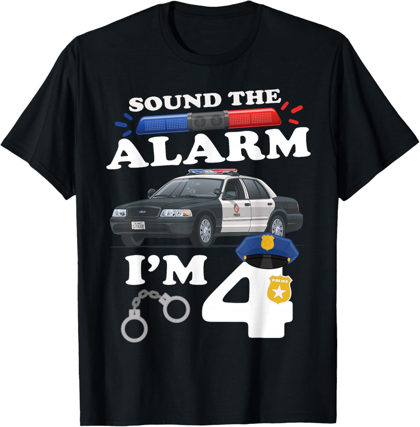 4 Year Old Cop Birthday Police Car 4th Birthday Police Theme T-Shirt - T-Shirt | Black
