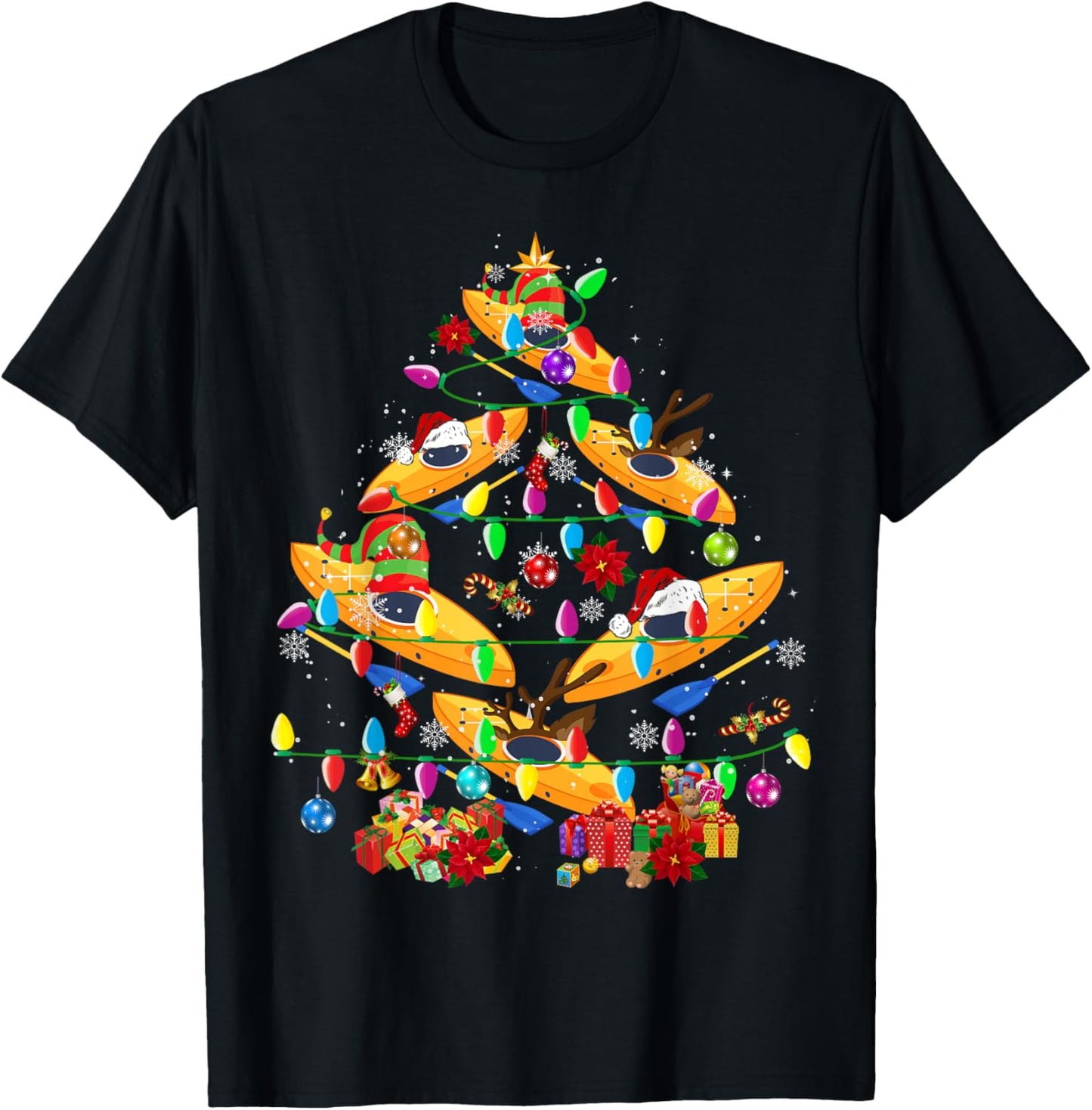 Kayak Boat Christmas Tree Funny Light Santa Kayak Boat T-Shirt - T-Shirt | Black