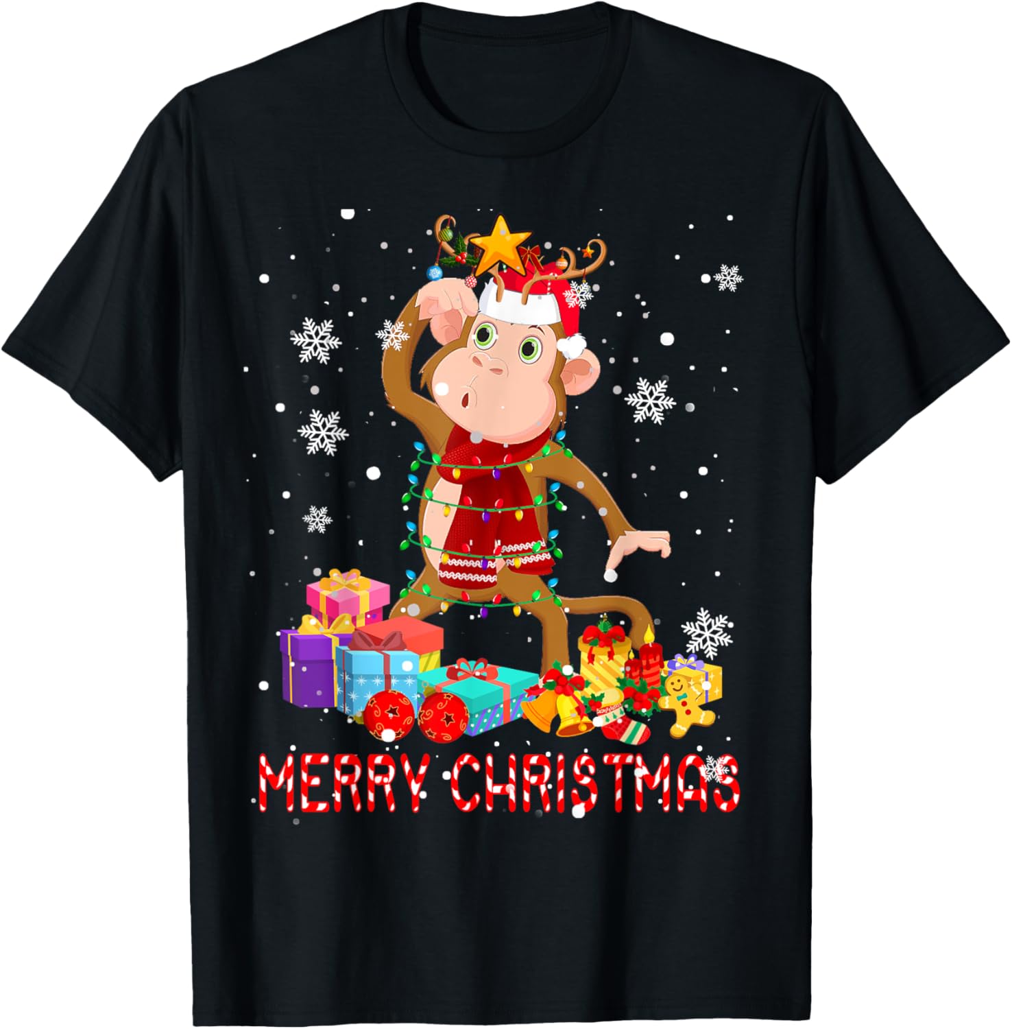 Merry Christmas Cute Christmas Lights Santa Reindeer Monkey T-Shirt - T-Shirt | Black