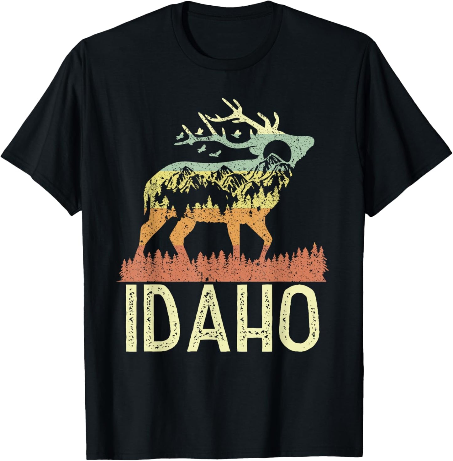 Idaho Retro Mountain Vintage Elk Hiking Men Women Kids Gift T-Shirt - T-Shirt | Black