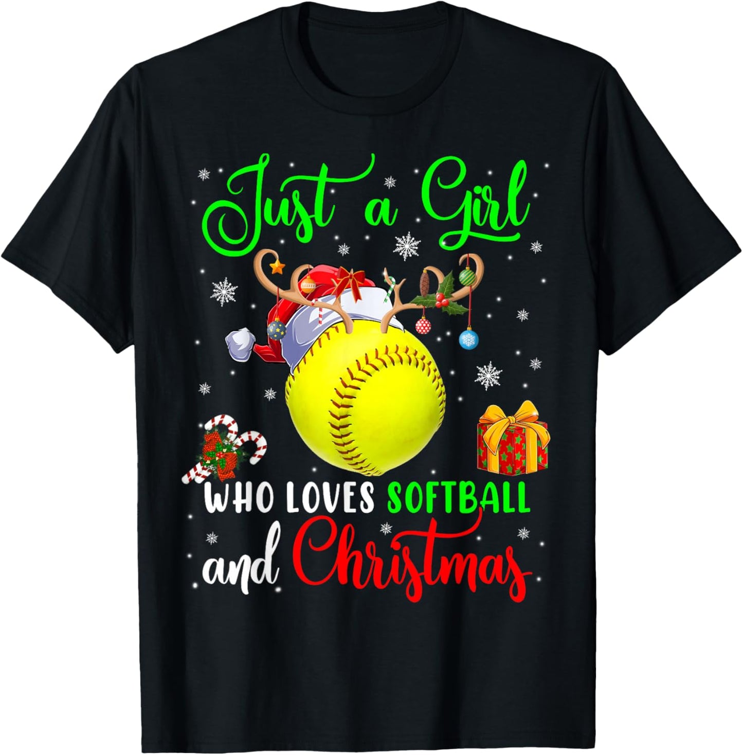 Just A Girl Who Loves Softball And Christmas Santa Reindeer T-Shirt - T-Shirt | Black