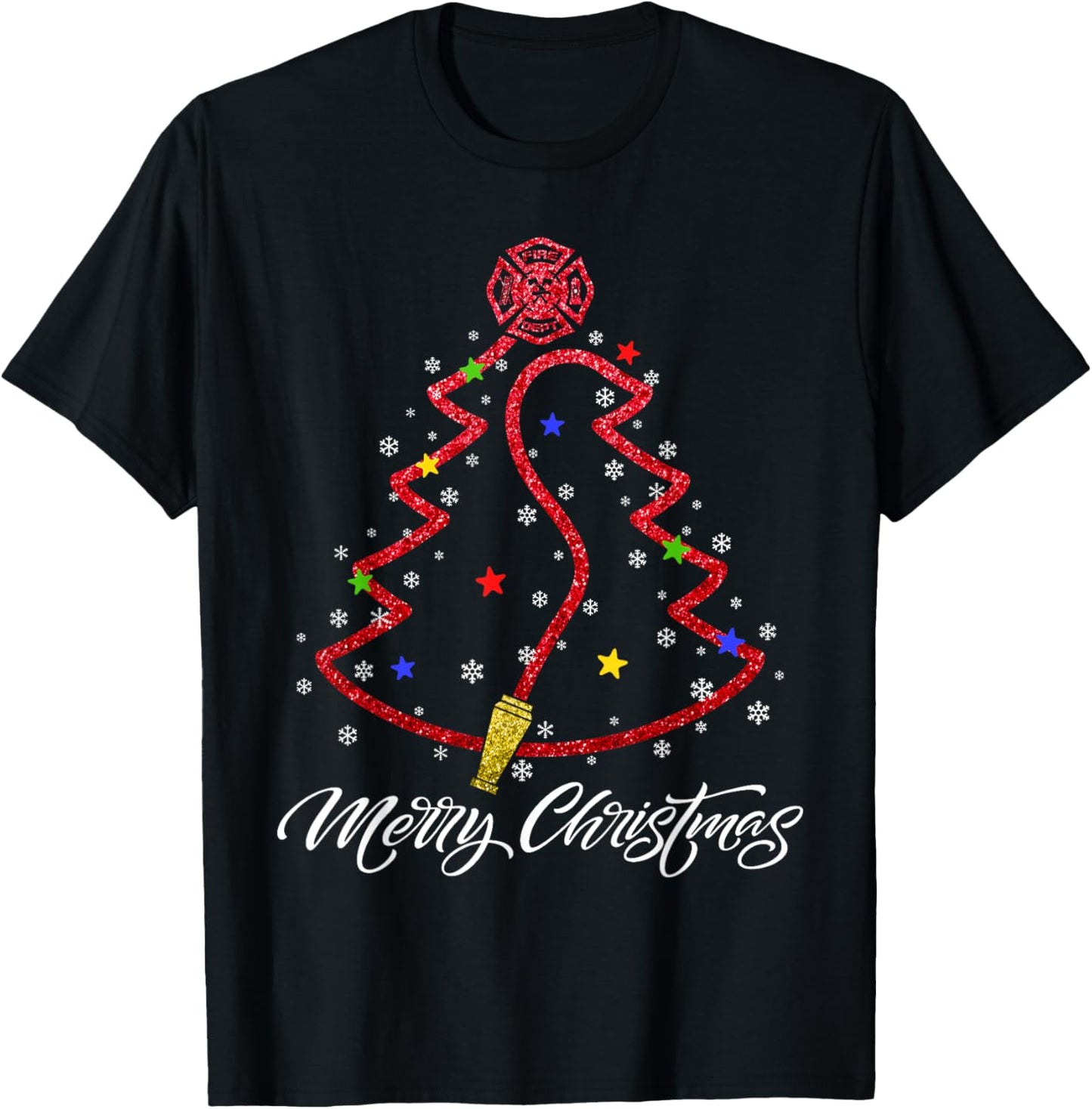 Merry Christmas Firefighter Christmas Tree Fire Department T-Shirt - T-Shirt | Black