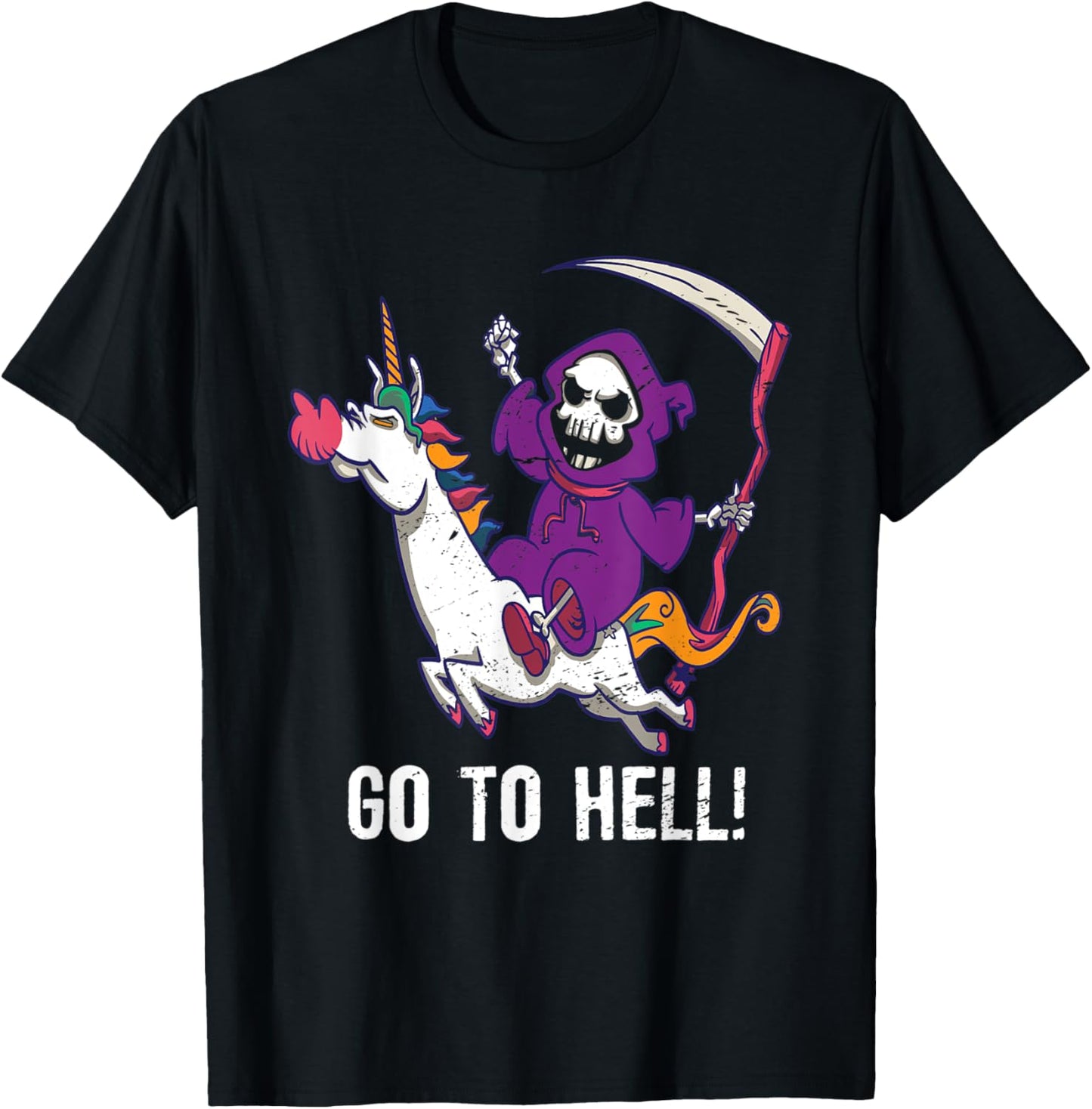 Go To Hell Spooky Grim Reaper Riding A Unicorn Skeleton T-Shirt - T-Shirt | Black