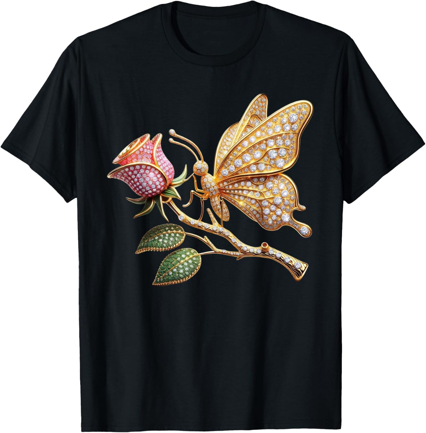 24K Gold and Diamond Butterfly on a Rose Bling Gift T-Shirt - T-Shirt | Black