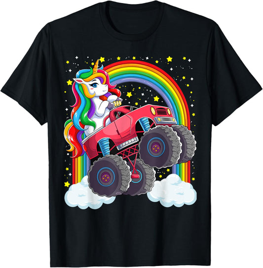Cute Monster Truck Unicorn Magical Rainbow Kids Girls Party T-Shirt - T-Shirt | Black