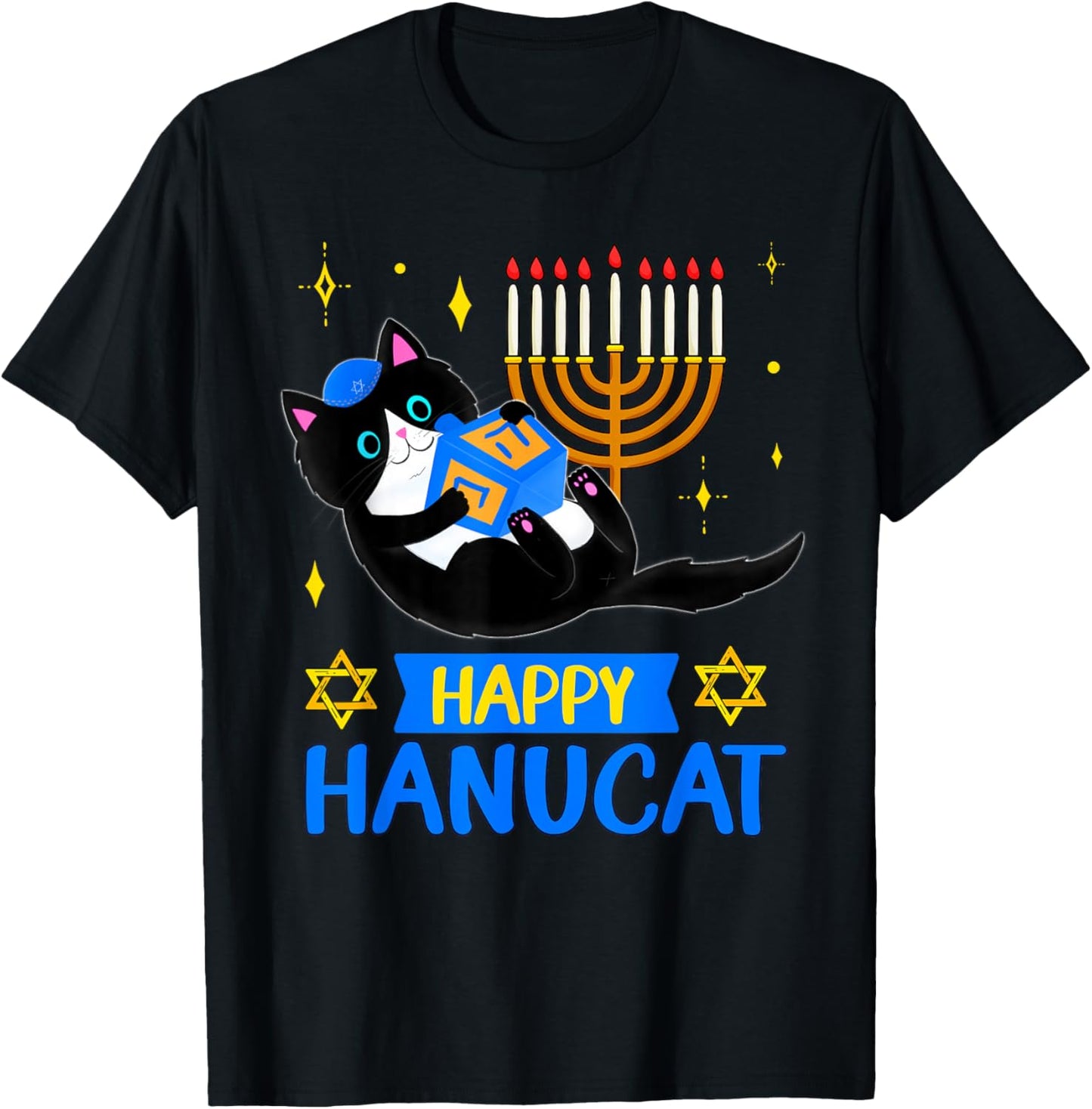 Happy HANUCAT for kids Funny HANUKKAH Cat Menorah for girls T-Shirt - T-Shirt | Black