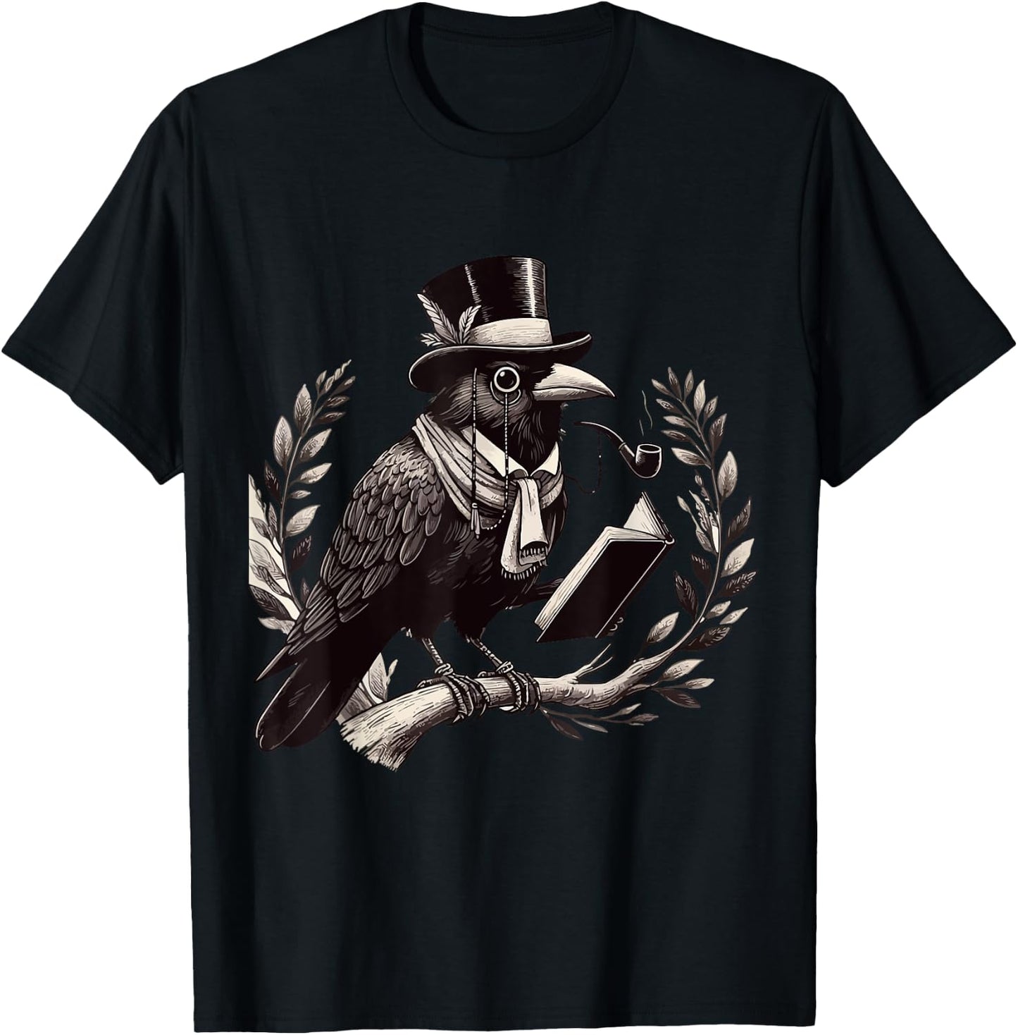 Black Crow Top Hat Smoking Cigar Reading Graphic Art T-Shirt - T-Shirt | Black