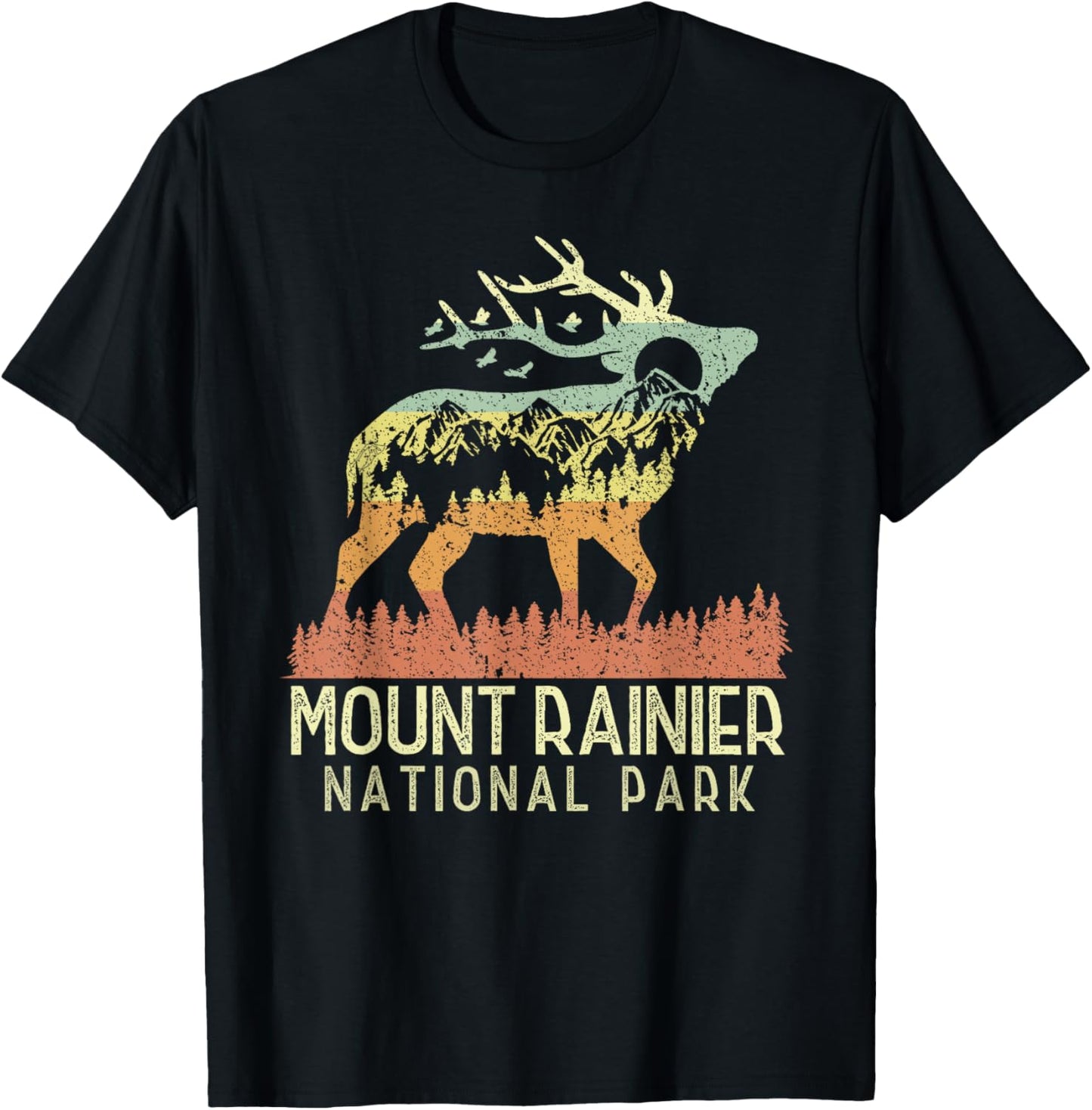 Mount Rainier National Park Retro Mountain Vintage Elk Gift T-Shirt - T-Shirt | Black