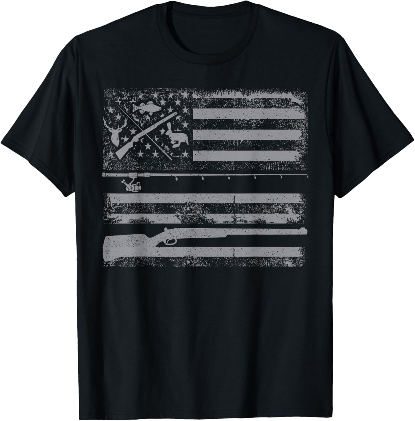 Hunting Rifle and Fishing Rod American Flag Gun Hunt Fish T-Shirt - T-Shirt | Black
