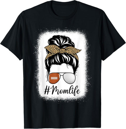 Mother's Day American Football And Golf Mom Life Messy Bun T-Shirt - T-Shirt | Black