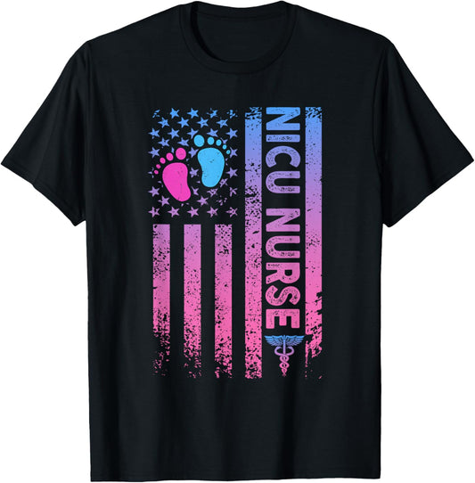 American Flag Neonatal Nursing Student Patriotic Nicu Nurse Women Men T-Shirt - T-Shirt | Black
