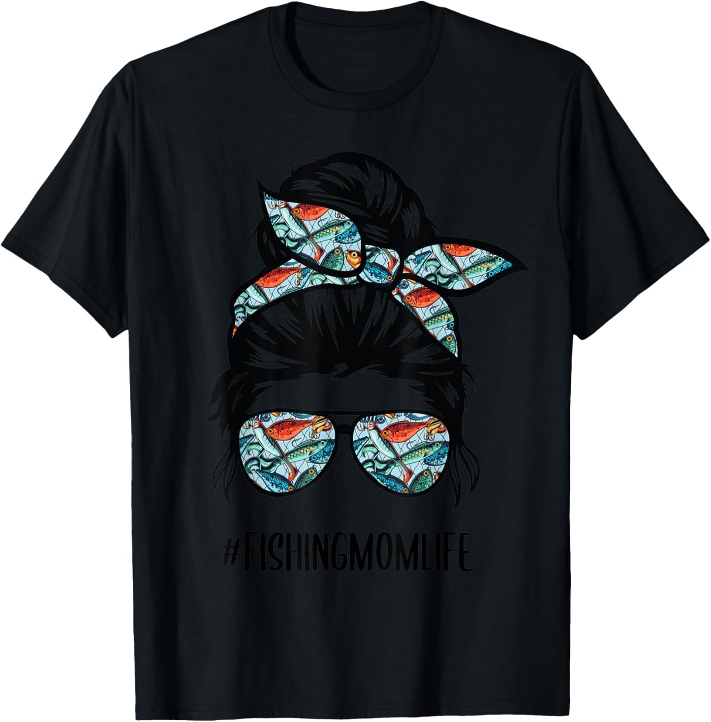 Fishing mom life Messy Bun Mom Funny Fishing Mom T-Shirt - T-Shirt | Black