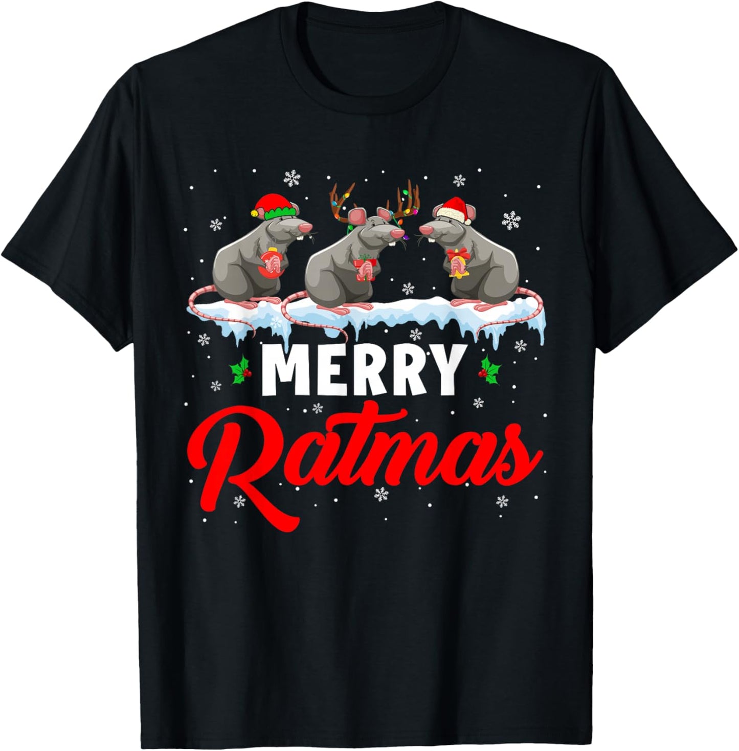Merry Ratmas Funny Santa ELF Reindeer Rat Christmas Light T-Shirt - T-Shirt | Black