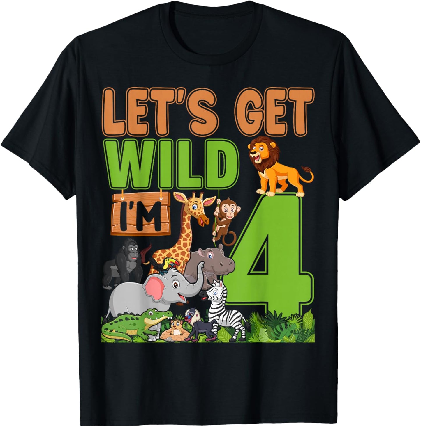 4 Year Old Zoo Birthday Safari Jungle Animal 4th Birthday T-Shirt - T-Shirt | Black