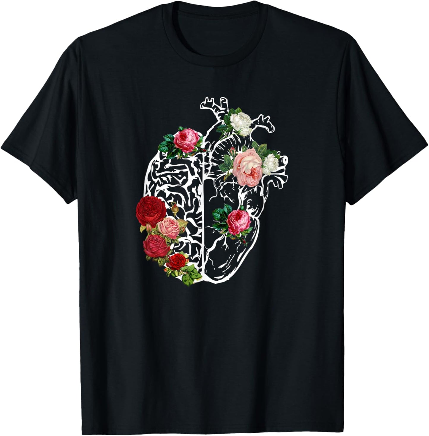 Anatomical Heart_Brain Flowers Florals Anatomy T-Shirt - T-Shirt | Black