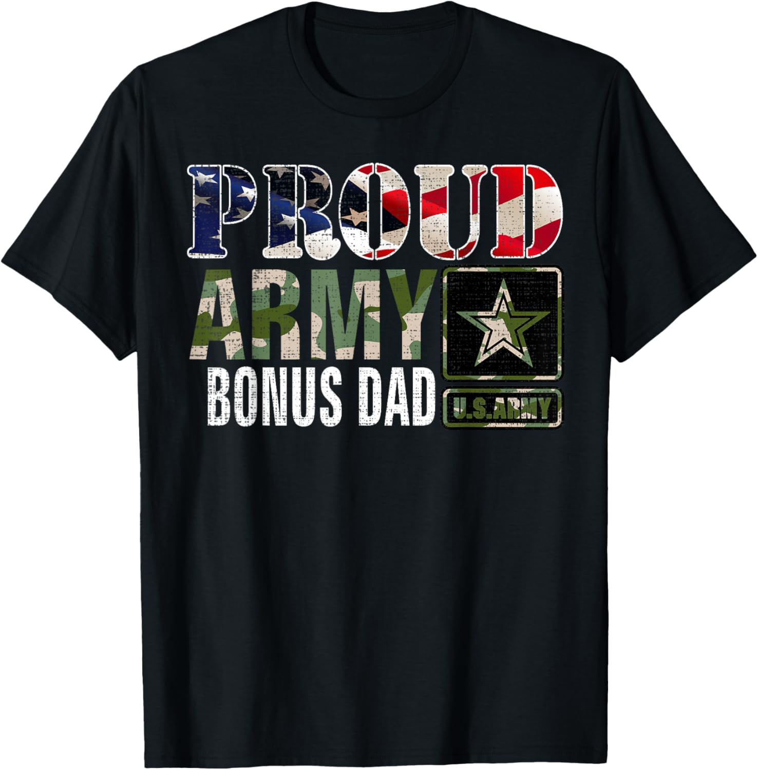 Vintage Proud Army Bonus Dad Camo With American Flag Gift Women Kids Men T-Shirt - T-Shirt | Black