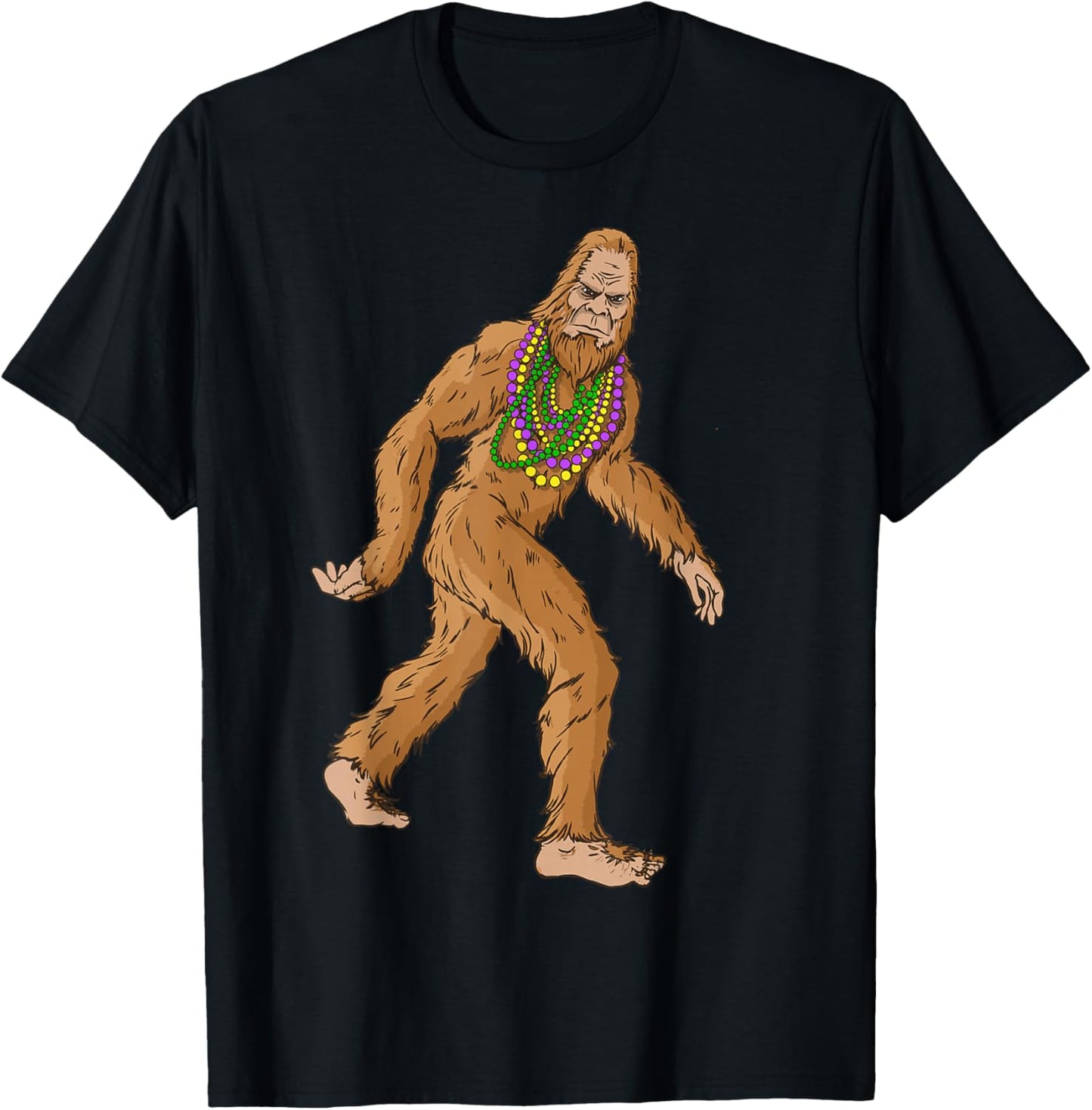 Mardi Gras Bigfoot With Beads Necklace Beads Fat Tuesday T-Shirt - T-Shirt | Black