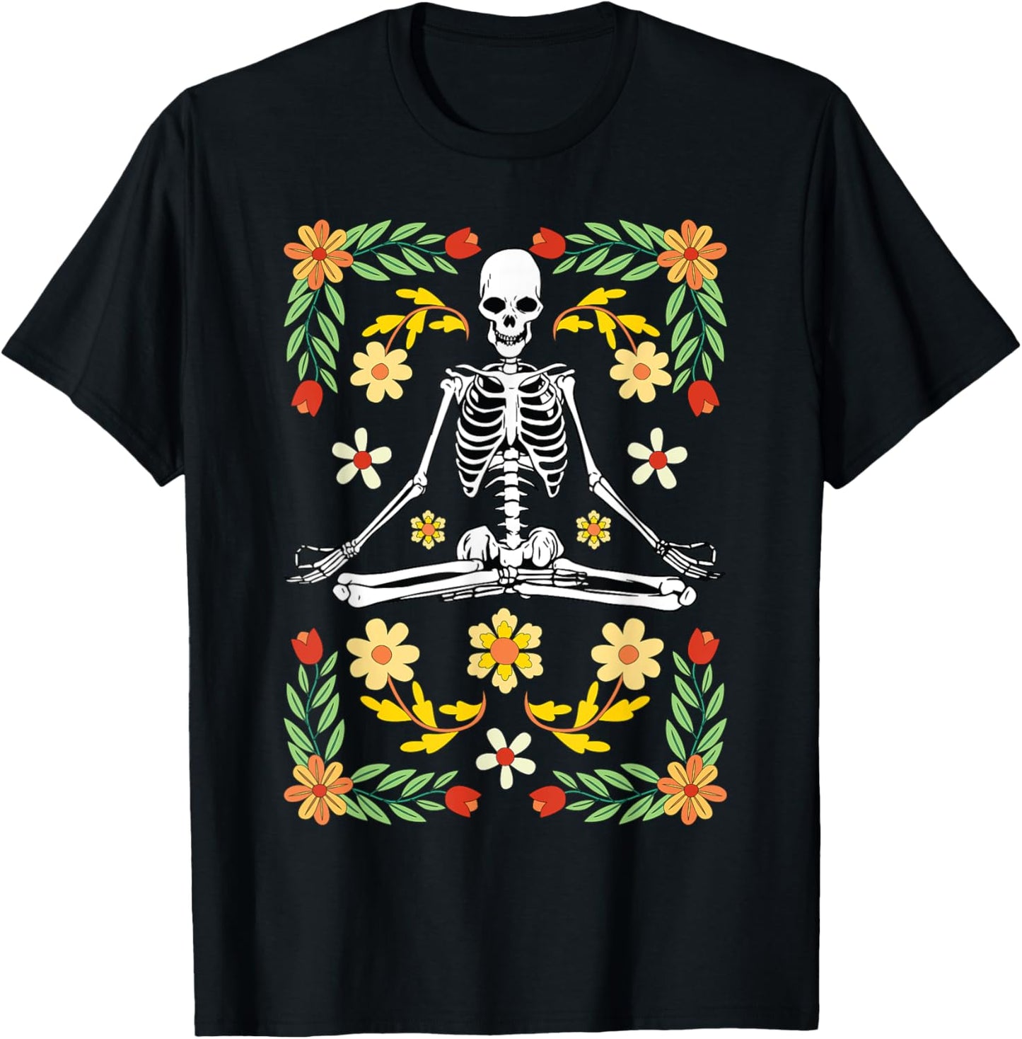 Meditating Skeleton Dia De Los Muertos Mexican Day of Dead T-Shirt - T-Shirt | Black