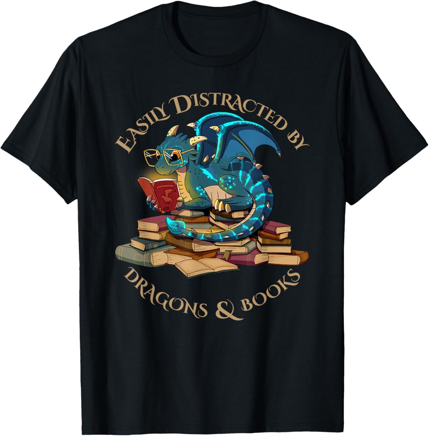 Easily Distracted By Dragons And Books Gift Nerd Dragon T-Shirt - T-Shirt | Black