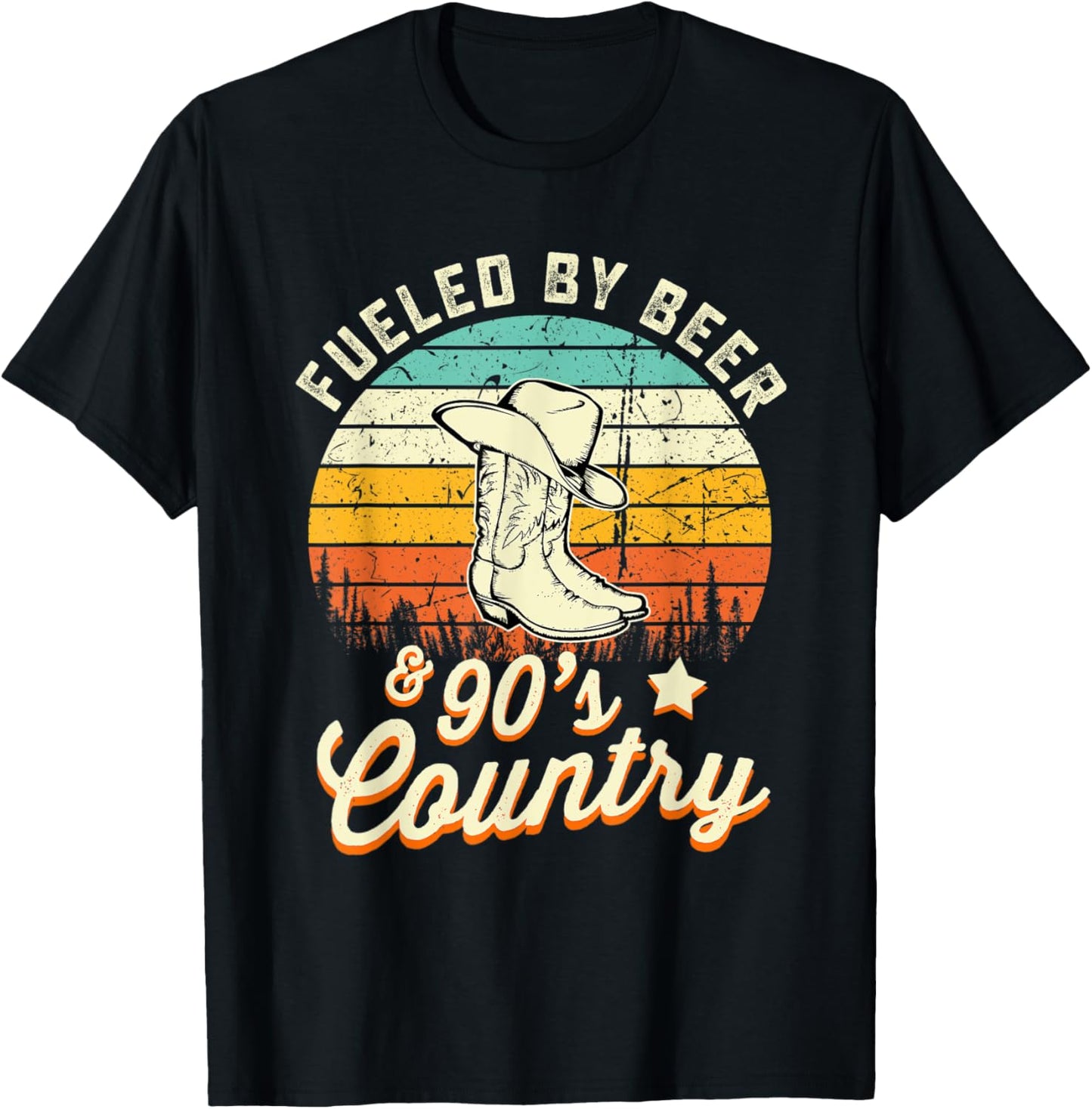 Fueled By Beer and 90s Country Funny Vintage Sunset T-Shirt - T-Shirt | Black
