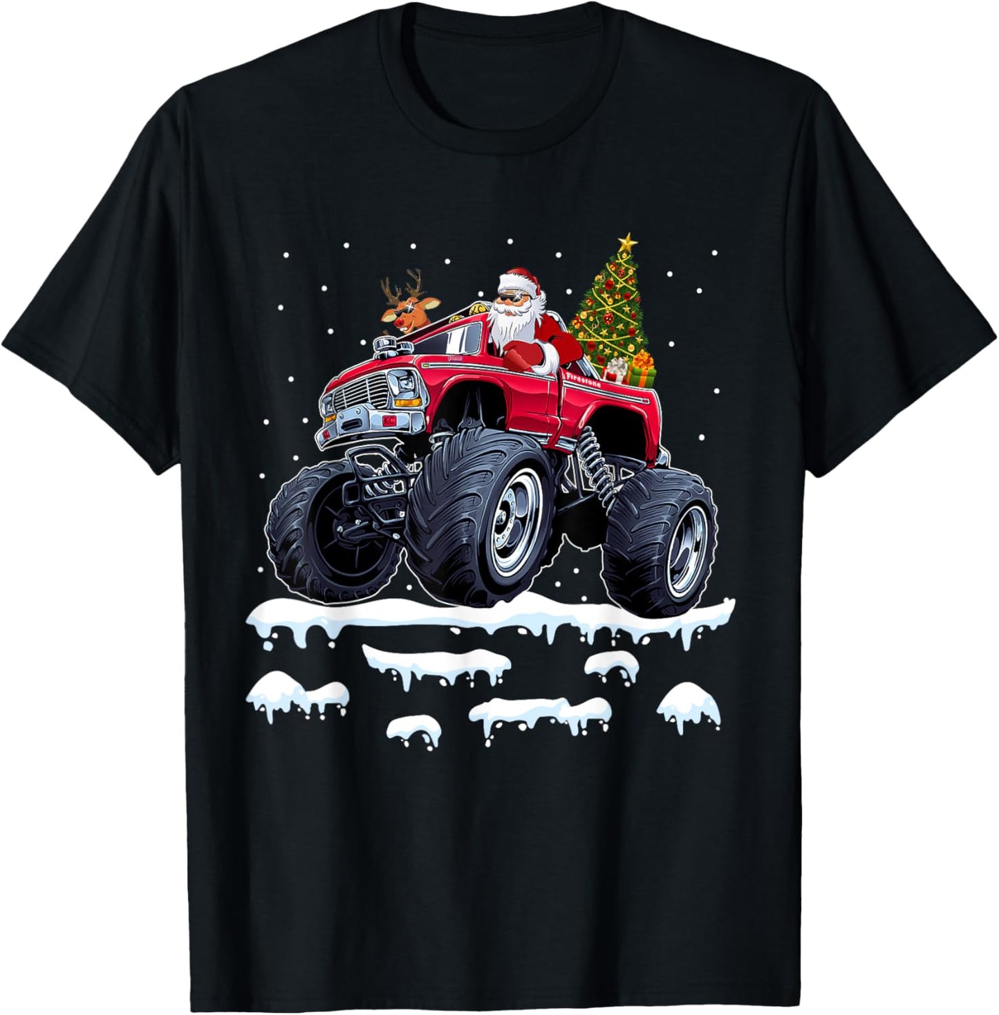 Reindeer Santa Riding Monster Truck Christmas Tree Men Boy T-Shirt - T-Shirt | Black
