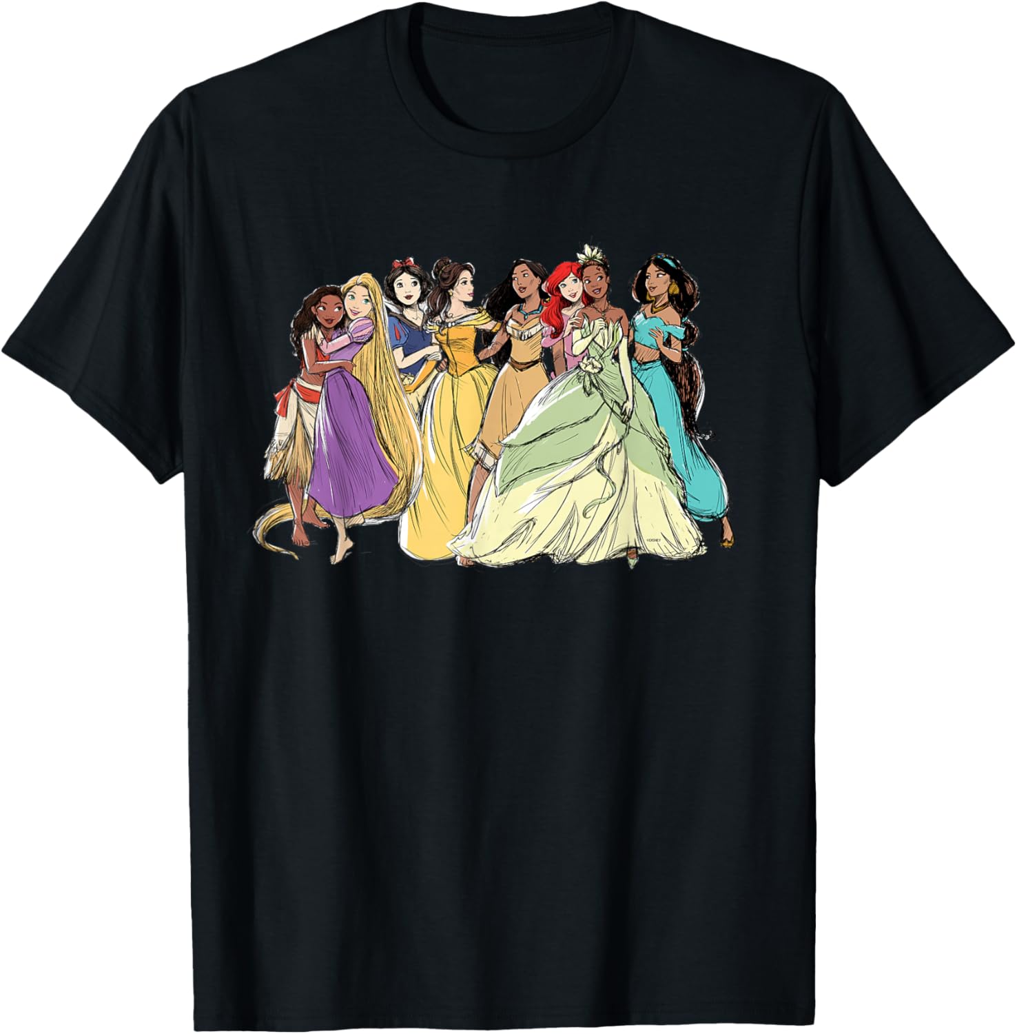 Disney Princess Group Pencil Sketch T-Shirt - T-Shirt | Black