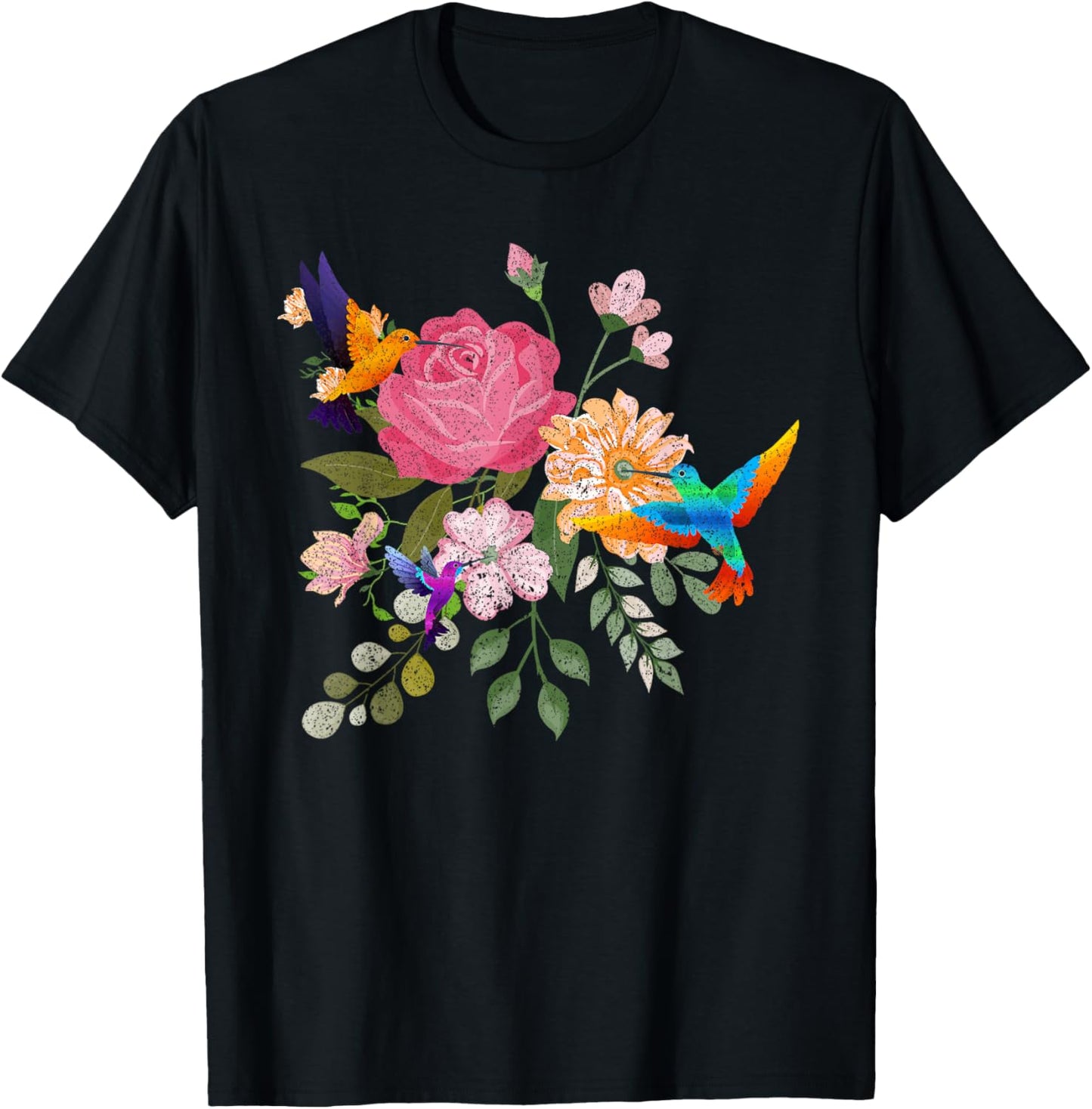 Vintage Bird Animal Lover Nature Roses Flowers Hummingbird T-Shirt - T-Shirt | Black