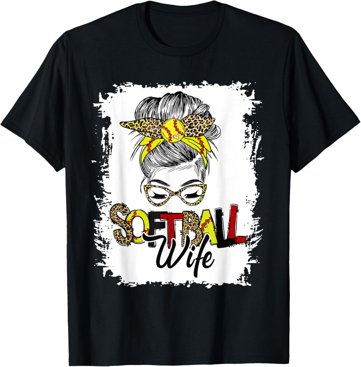 Softball Wife Life With Leopard Messy Bun Mother's Day T-Shirt - T-Shirt | Black