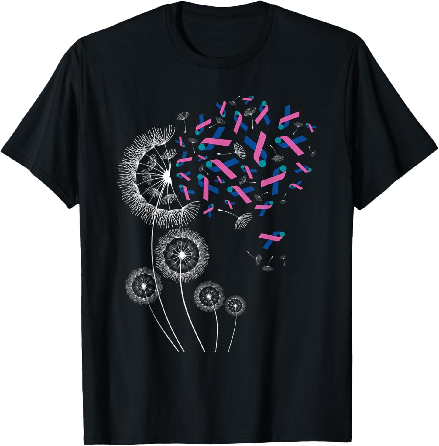 Teal Pink Blue Ribbon & Dandelion Thyroid Cancer Awareness T-Shirt - T-Shirt | Black