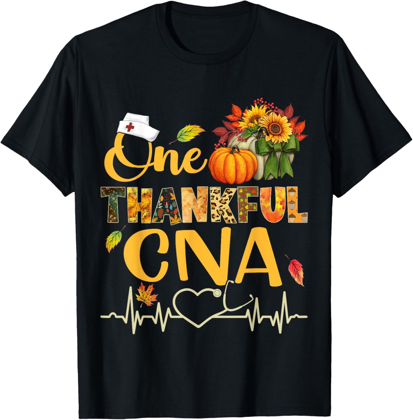 Sunflower Autumn Fall Outfit Nurse Thankful Lovers One Thankful CNA Nurse Pumpkin Stethoscope Thanksgiving Fall T-Shirt - T-Shirt | Black