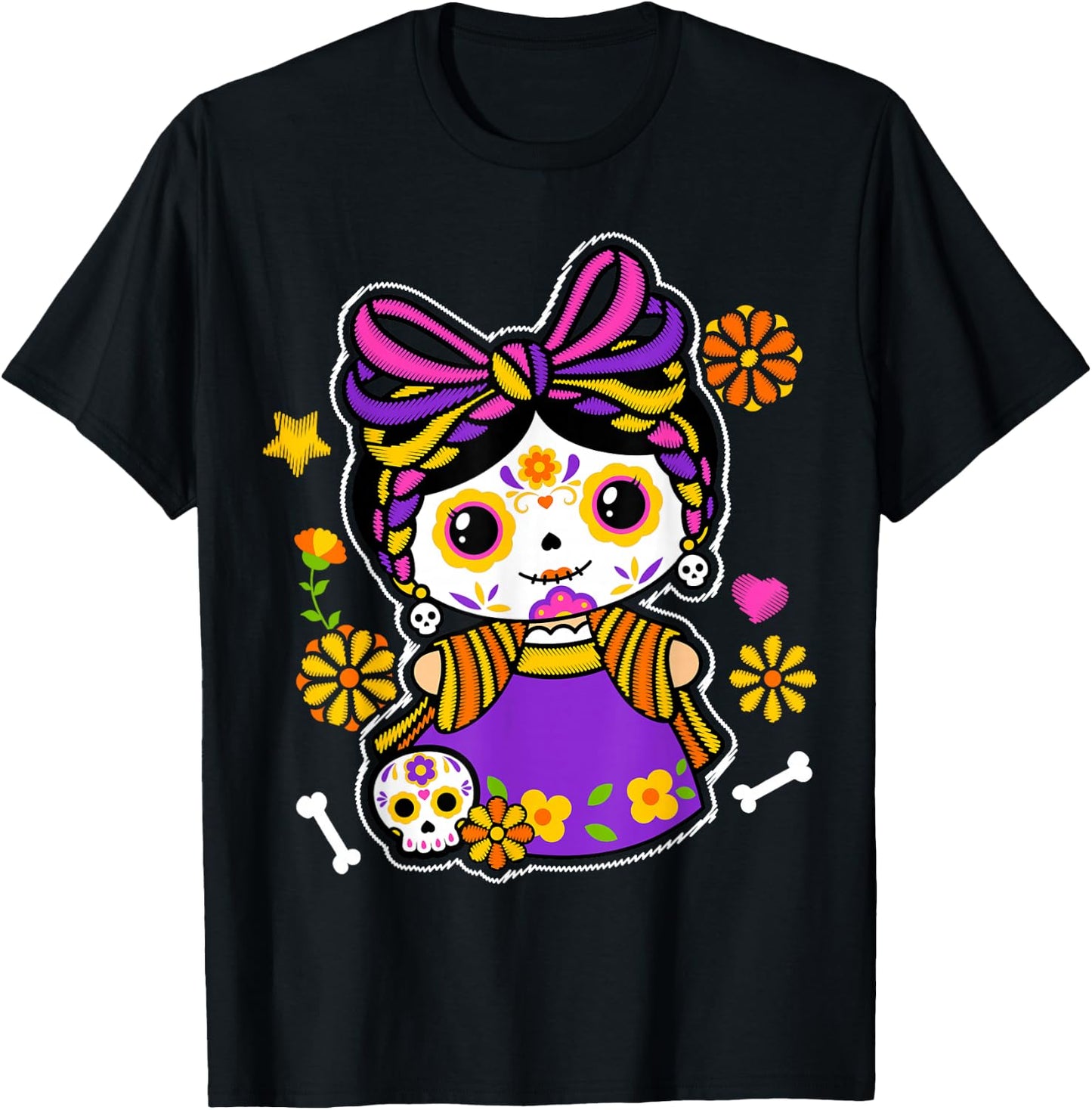Catrina Floral Sugar Skull Mexican Roses Flowers Skeleton T-Shirt - T-Shirt | Black