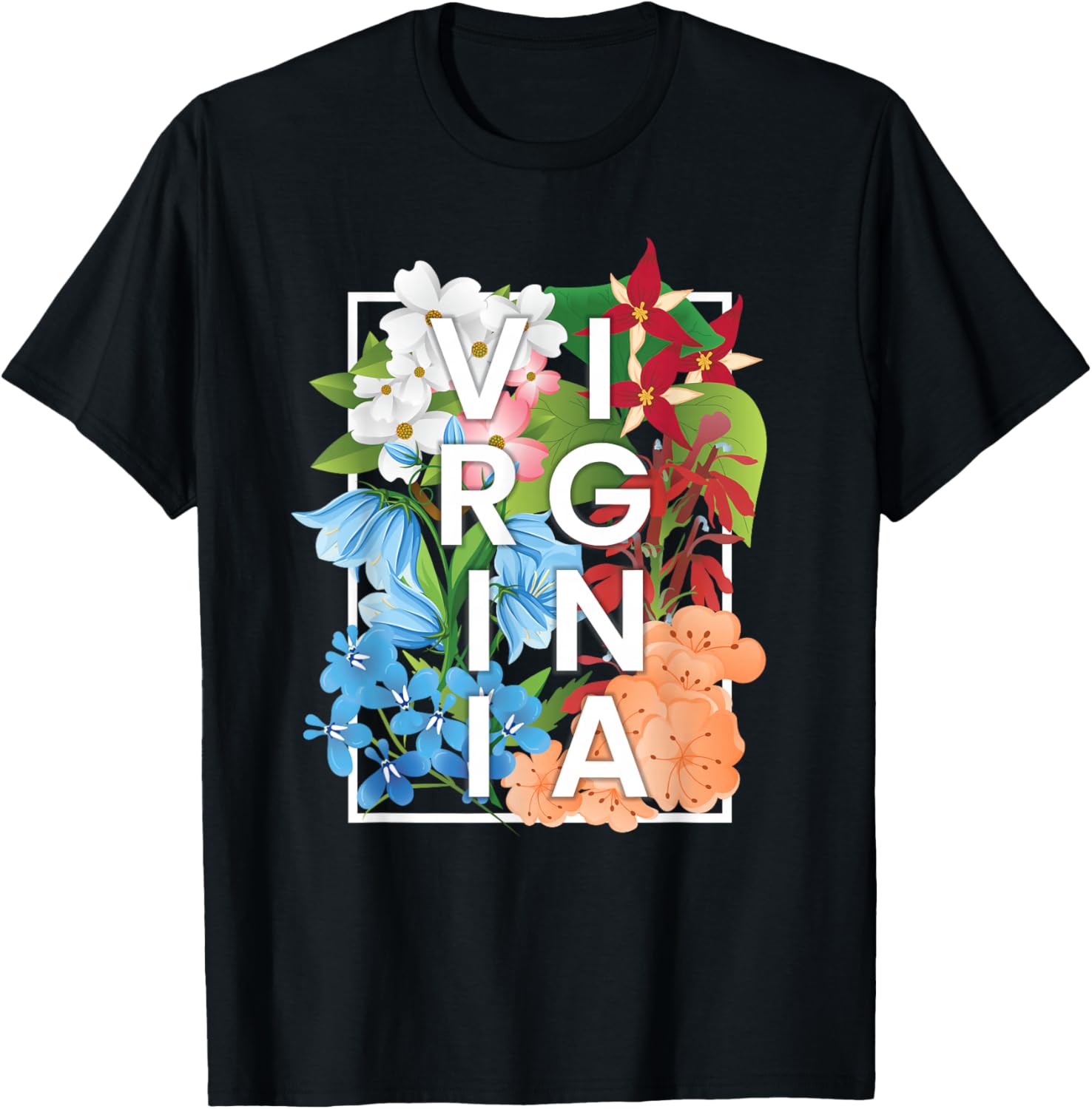 Flowers of Virginia Word Art - Virginian Pride T-Shirt - T-Shirt | Black