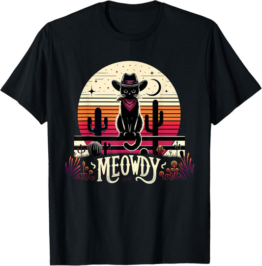 Cat Cowboy Meowdy Cat Mushup Western Country Retro Sunset T-Shirt - T-Shirt | Black
