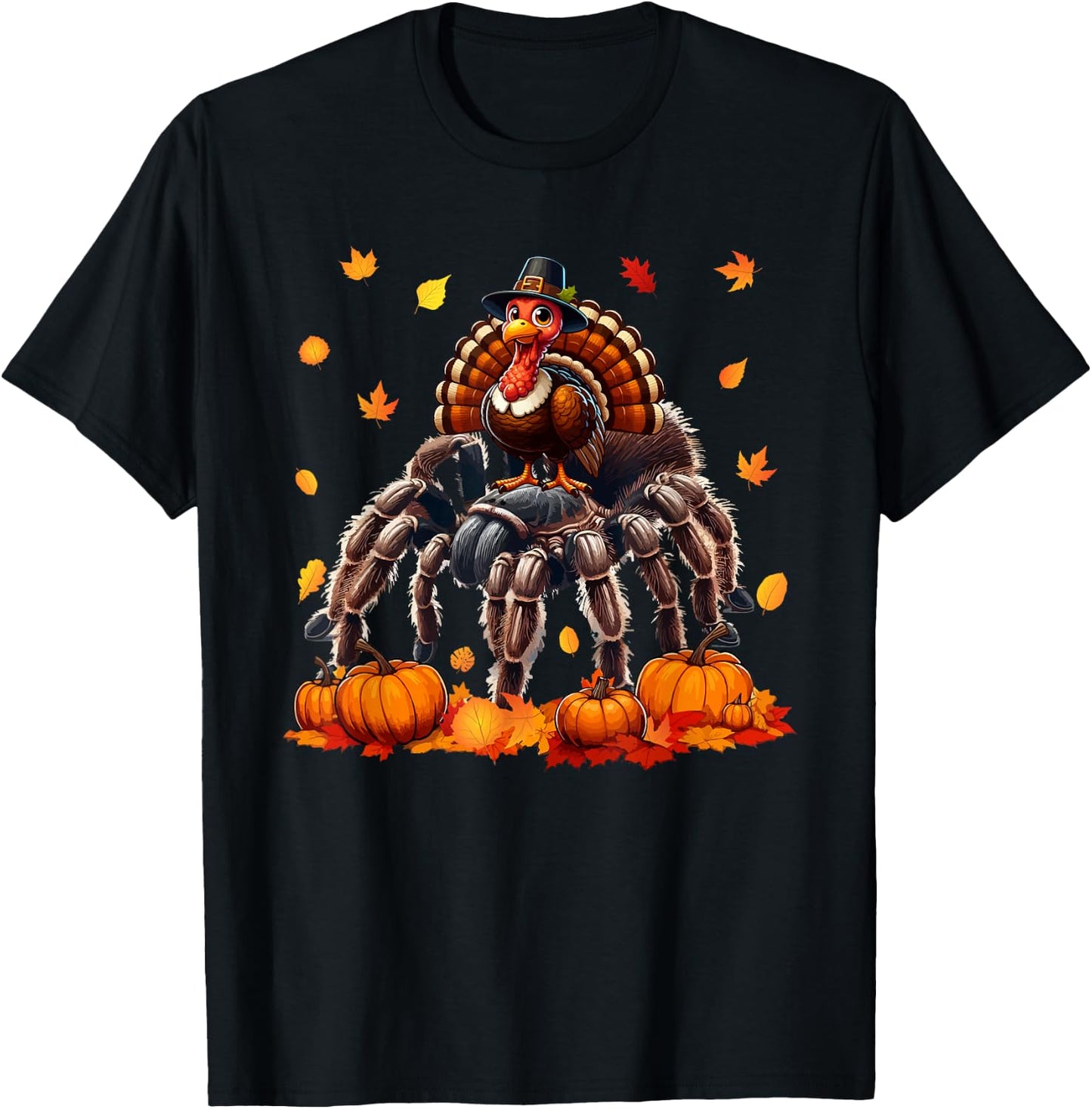 Turkey Riding Tarantula Thanksgiving Fall Leaves Pumpkins T-Shirt - T-Shirt | Black