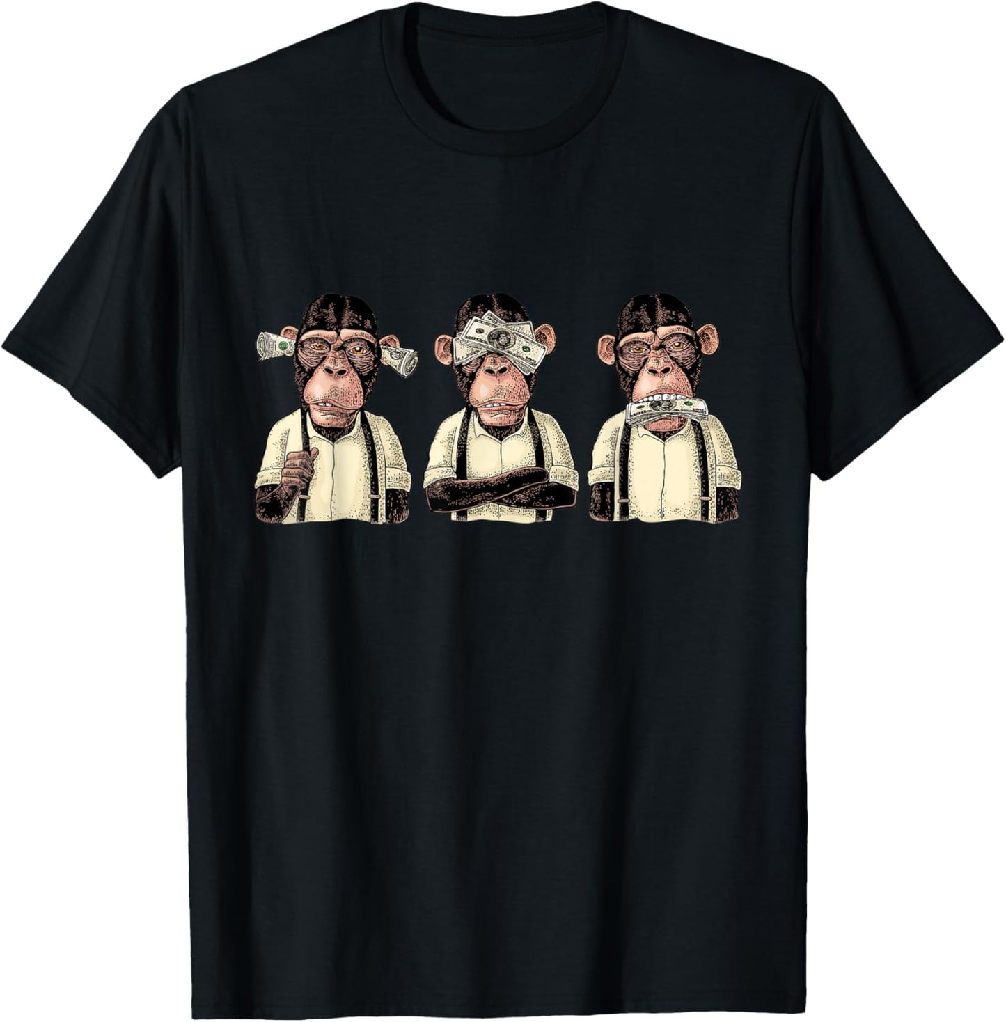 Money A Bag HEAR NO SEE NO SPEAK NO EVIL Monkey Dollar Bills T-Shirt - T-Shirt | Black