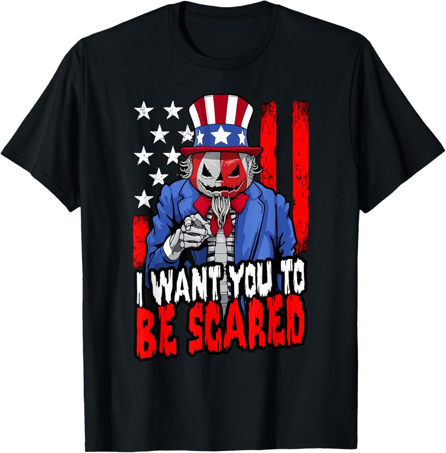 Patriotic Halloween Zombie Uncle Sam Pumpkin Scared USA Flag T-Shirt - T-Shirt | Black