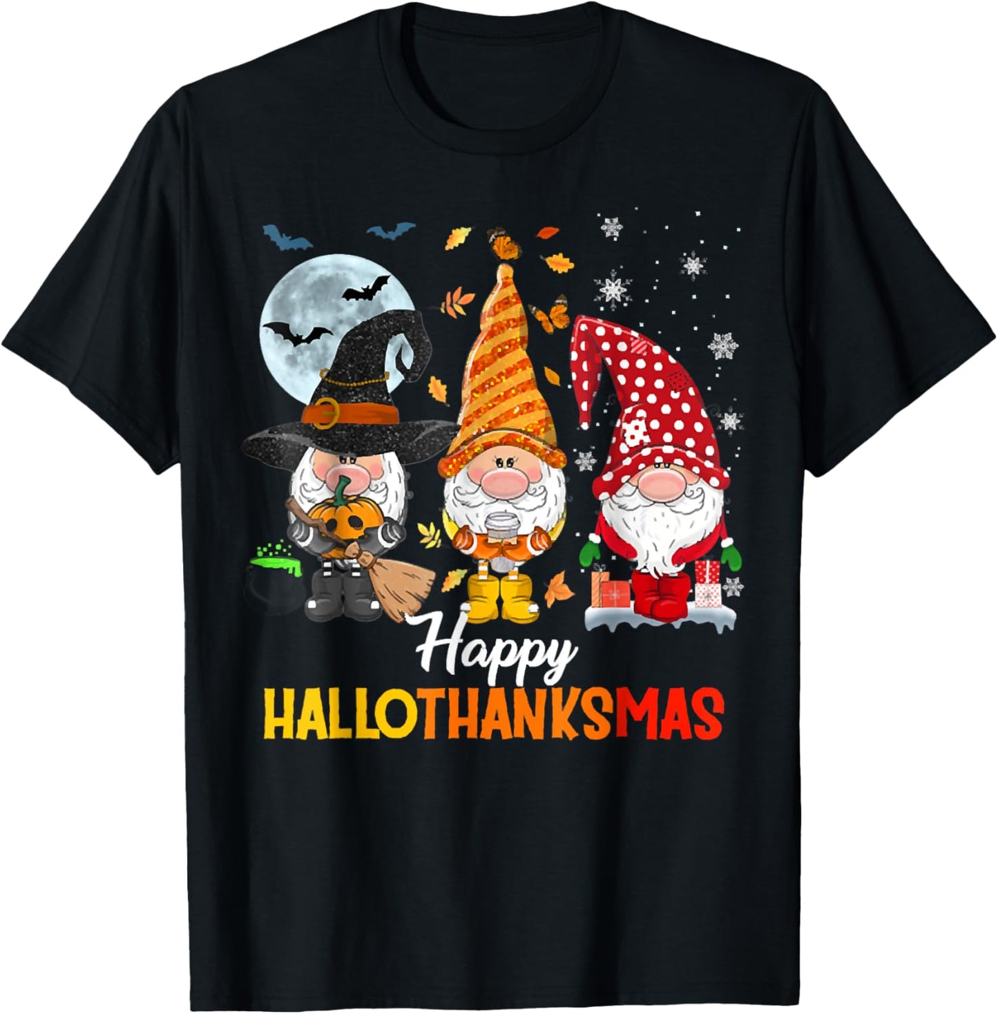Gnomes Lover Halloween Merry Christmas Happy Hallothanksmas T-Shirt - T-Shirt | Black