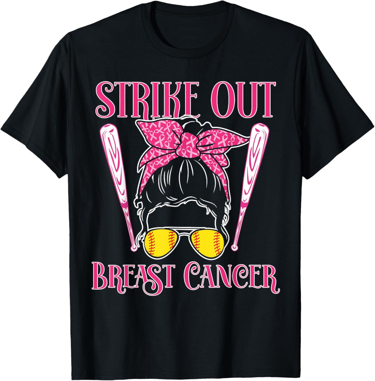 Breast Cancer Awareness - Softball Strike Out Pink Ribbon T-Shirt - T-Shirt | Black