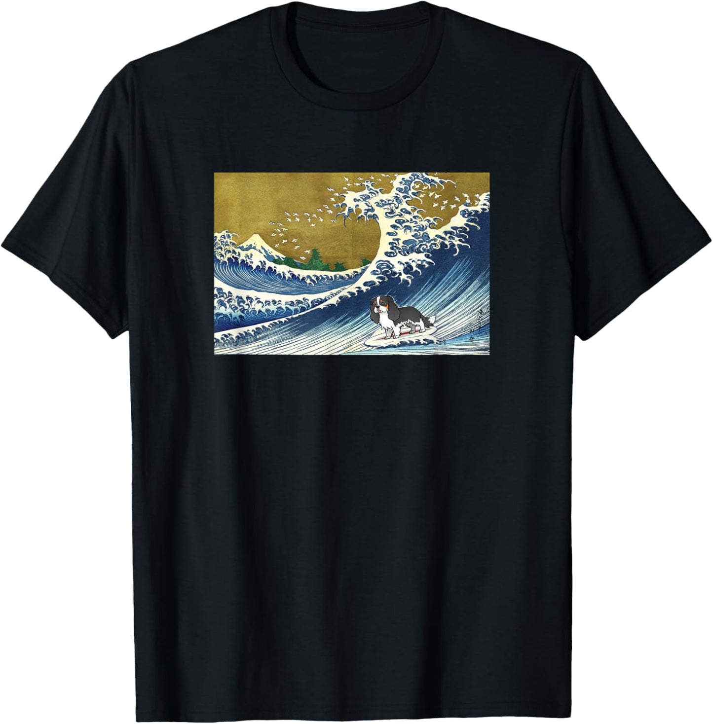 Funny Surfing A Great Great Wave Tricolor Cavalier Dog Lover T-Shirt - T-Shirt | Black