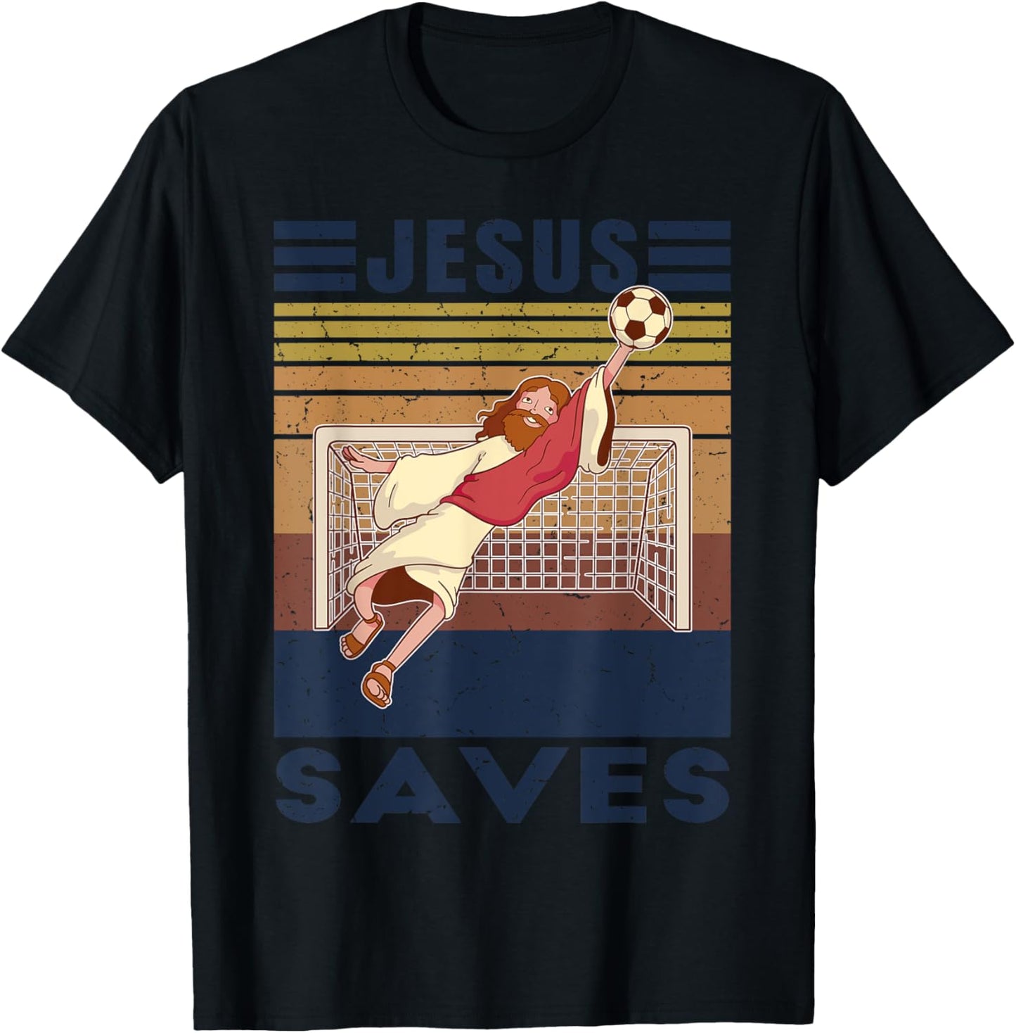 Retro Goalkeeper Jesus Saves Soccer Goal T-Shirt - T-Shirt | Black