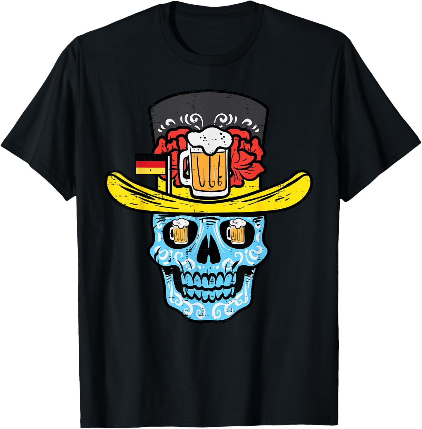 Oktoberfest Sugar Skull Sombrero German Mexican Men Women T-Shirt - T-Shirt | Black