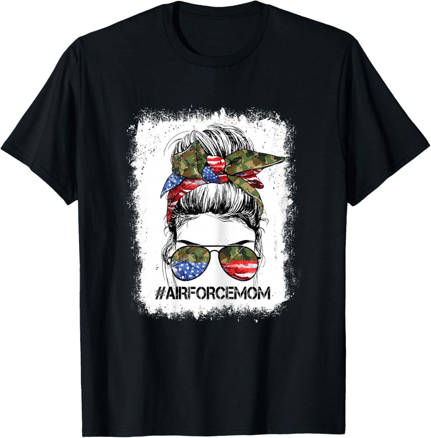 All American Airforce Mom Messy Bun US Flag 4th of July T-Shirt - T-Shirt | Black